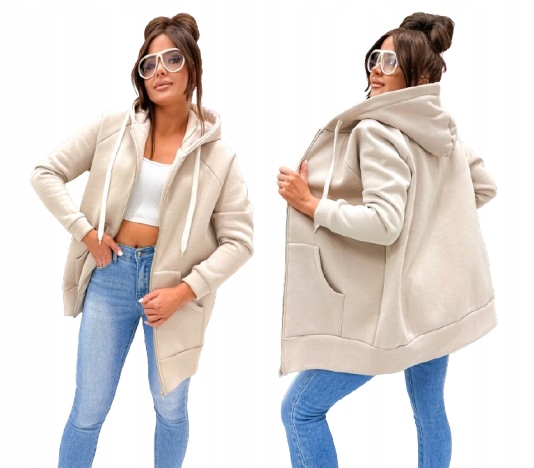 Bluza damska ocieplana rozpinana na zamek, z kapturem oversize Beżowa