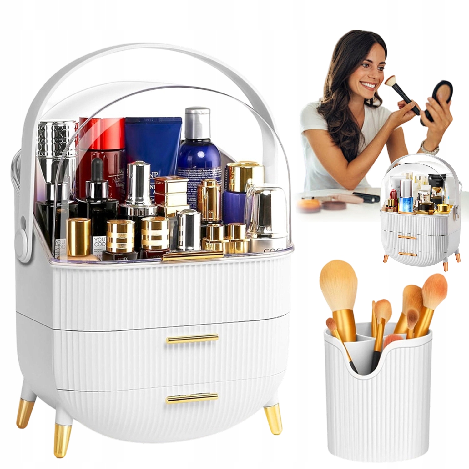 Šperkovnice Organizér Skříňka Kufřík Na Kosmetiku S Místem Pro Štětce Bílá