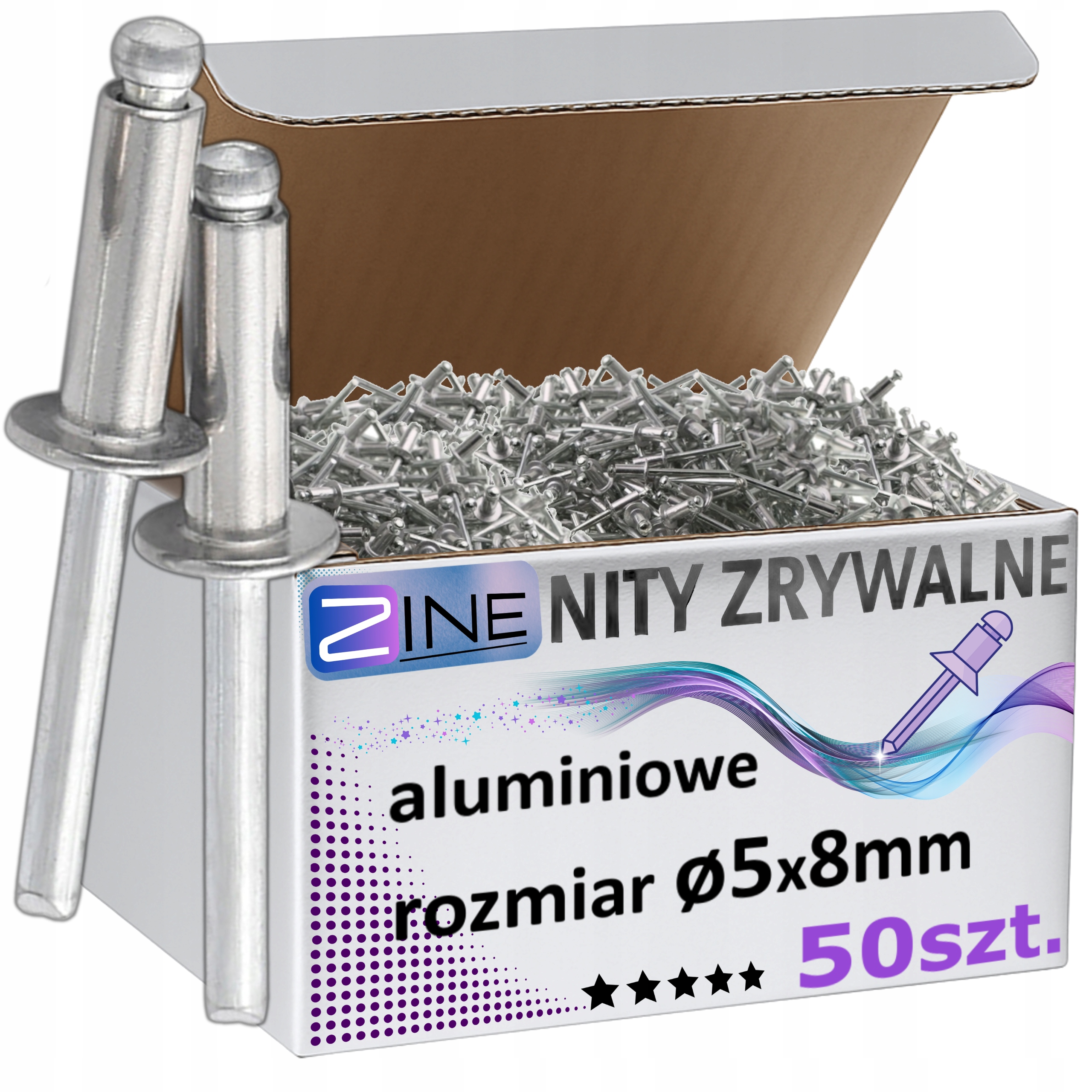 Nity Zrywalne Aluminiowe 5x8mm Odporne na Rdzę Zestaw Nitów Zine 50sztuk