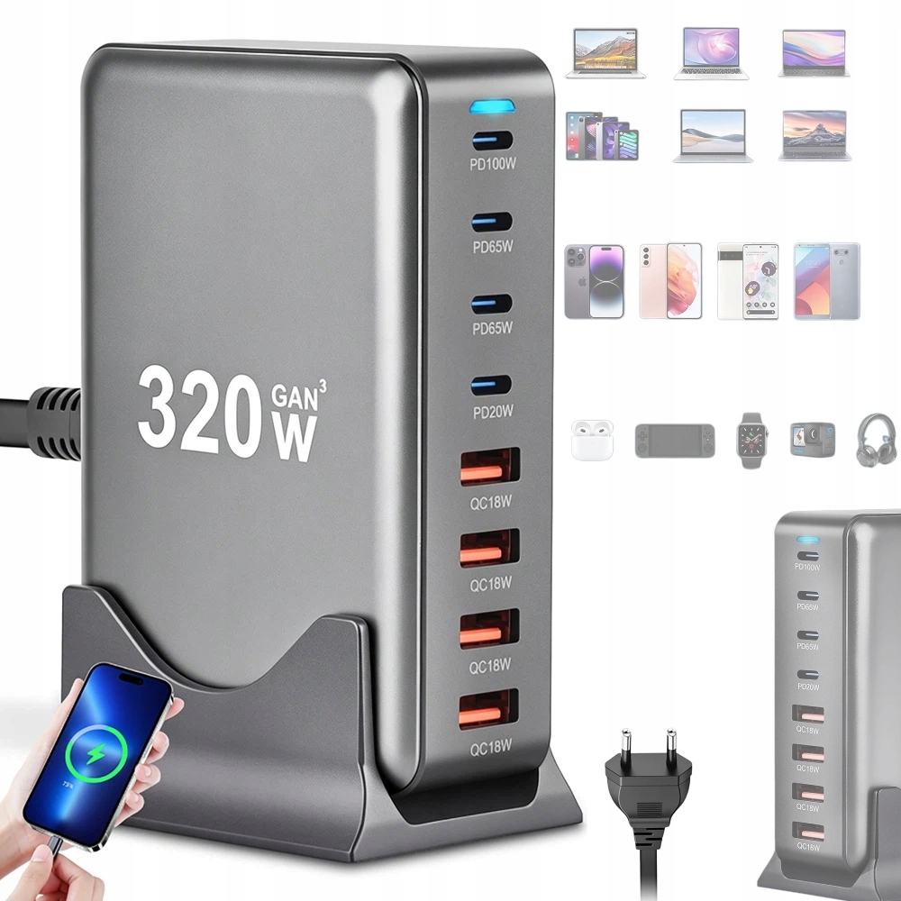 Rychlá Síťová Nabíječka 4xUSB 4xUSB-C 320W Qc Pd pro telefon a notebook