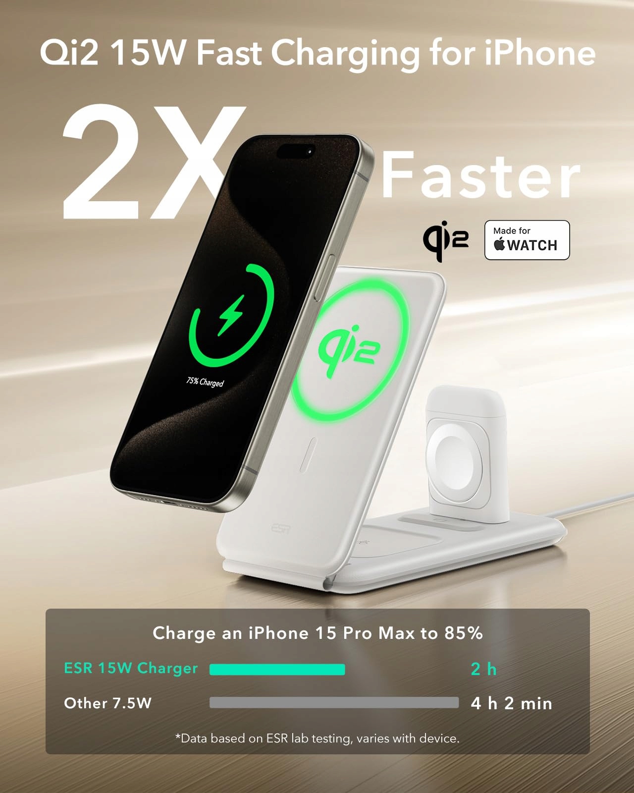 ESR Stacja Ładowania 3w1 Qi2 Do iPhone Watch AirPods 15W Biała — miniatura 3