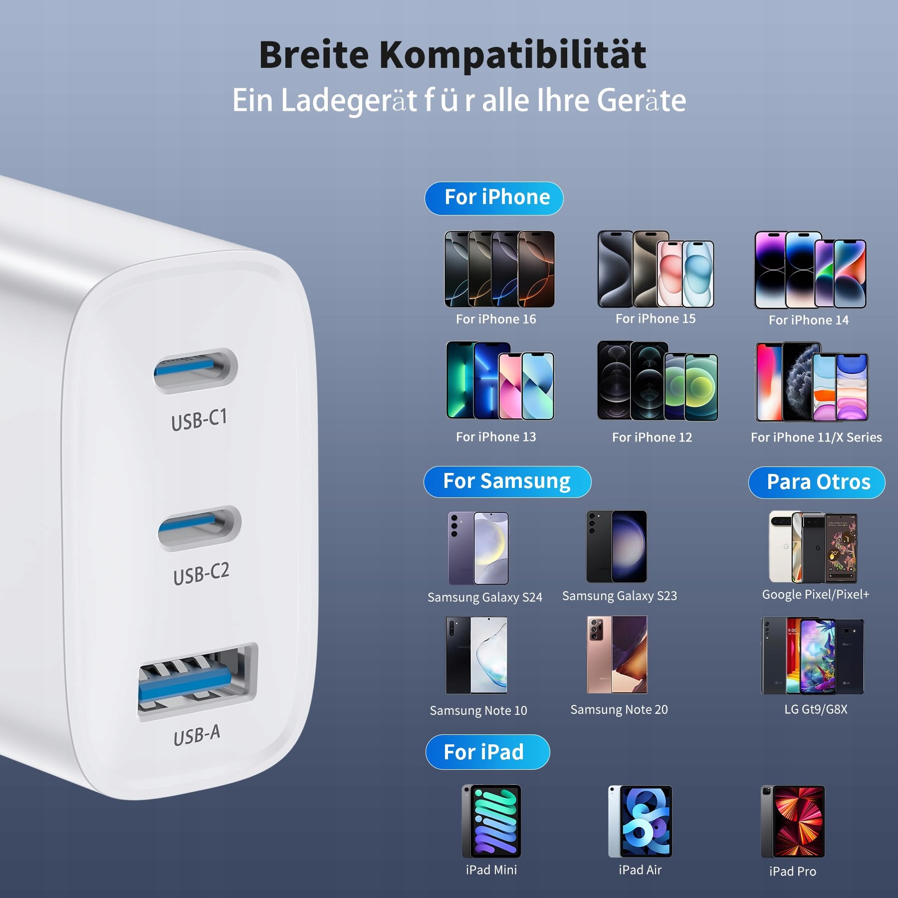 ADAPTER USB C ŁADOWARKA 40W 3 PORTY IPHONE ANDROID TELEFONY — miniatura 7