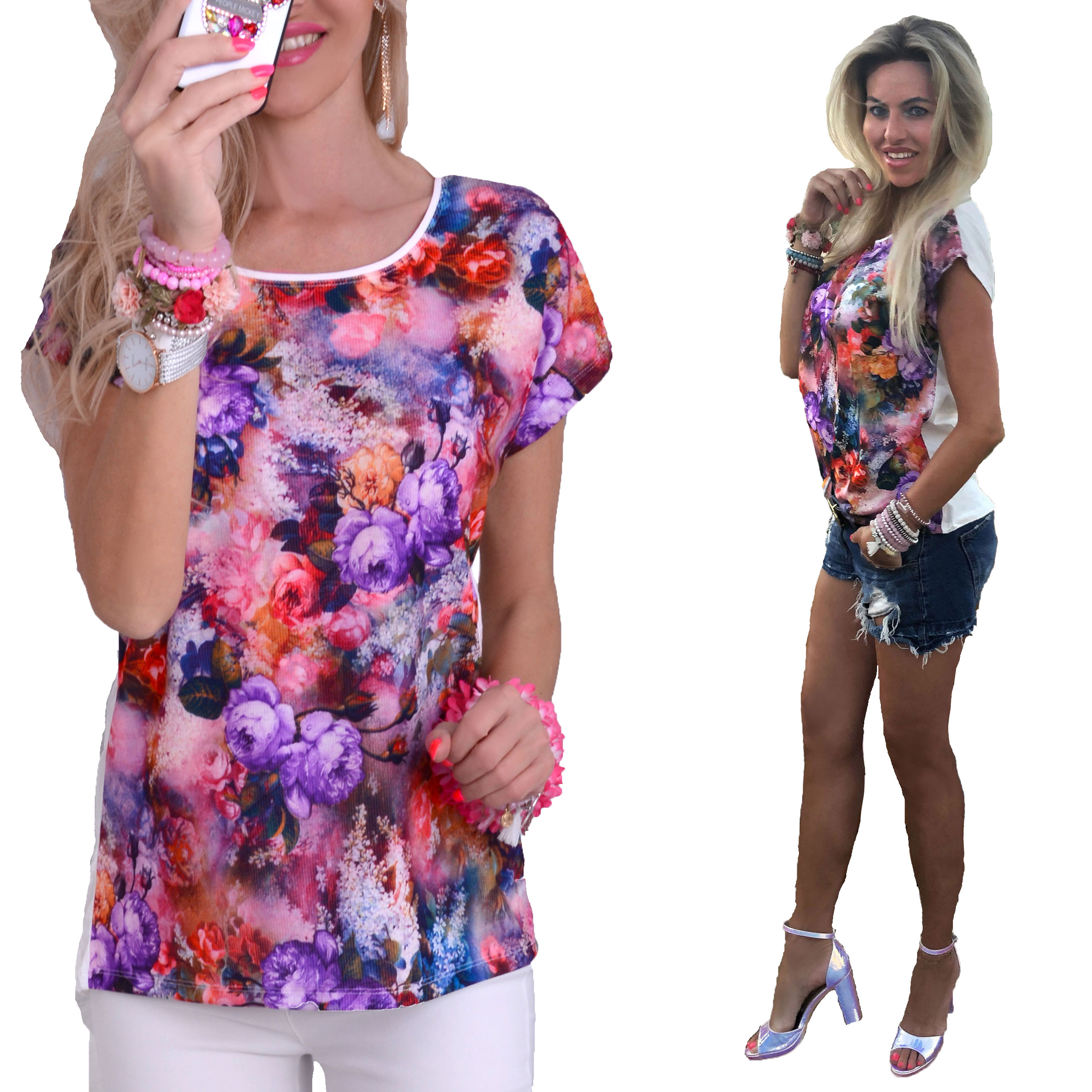 

Modna Bluzka Kwiaty Biała Prążek Lekko Asymetr 665