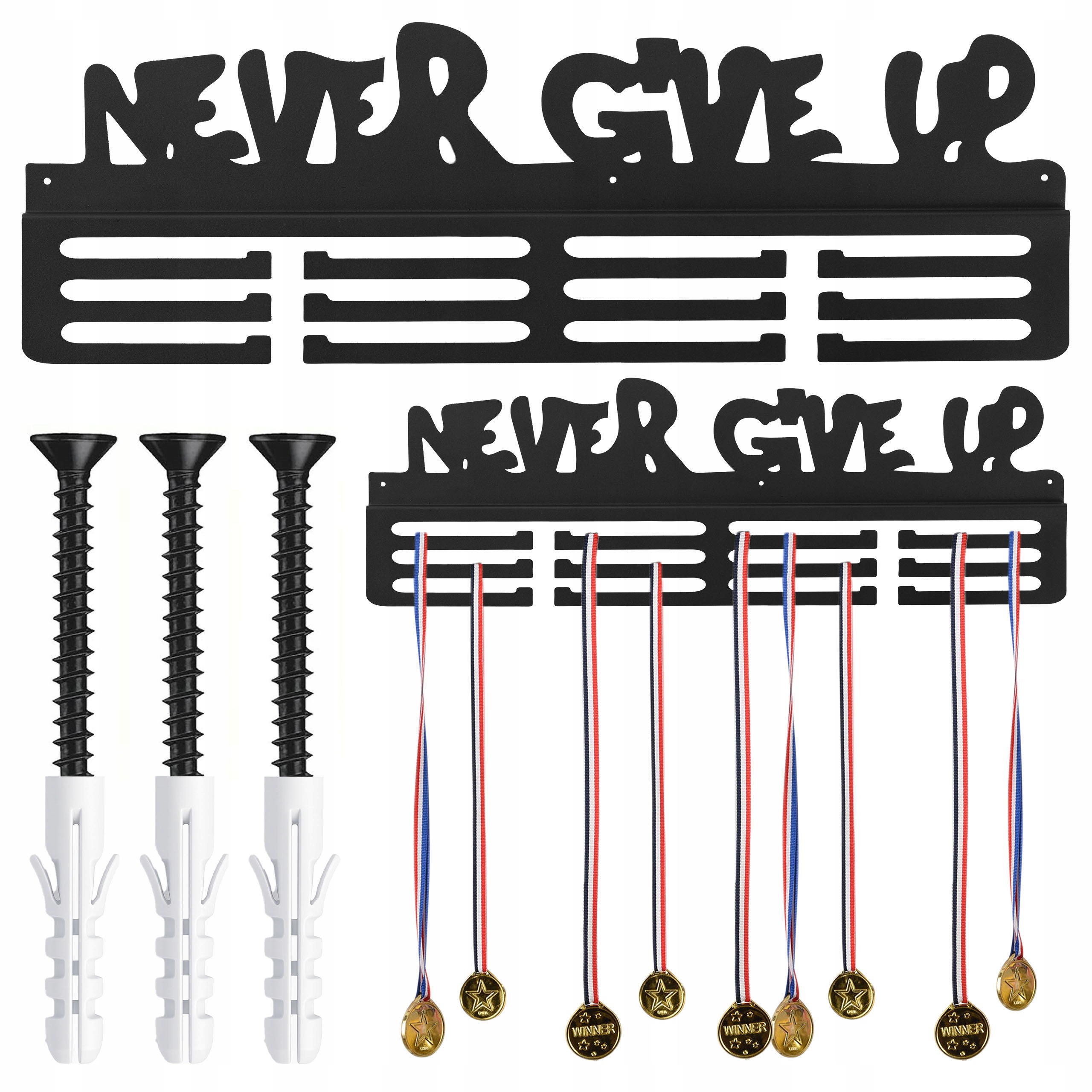 Wieszak ścienny na medale Never give up dla sportowca 1szt