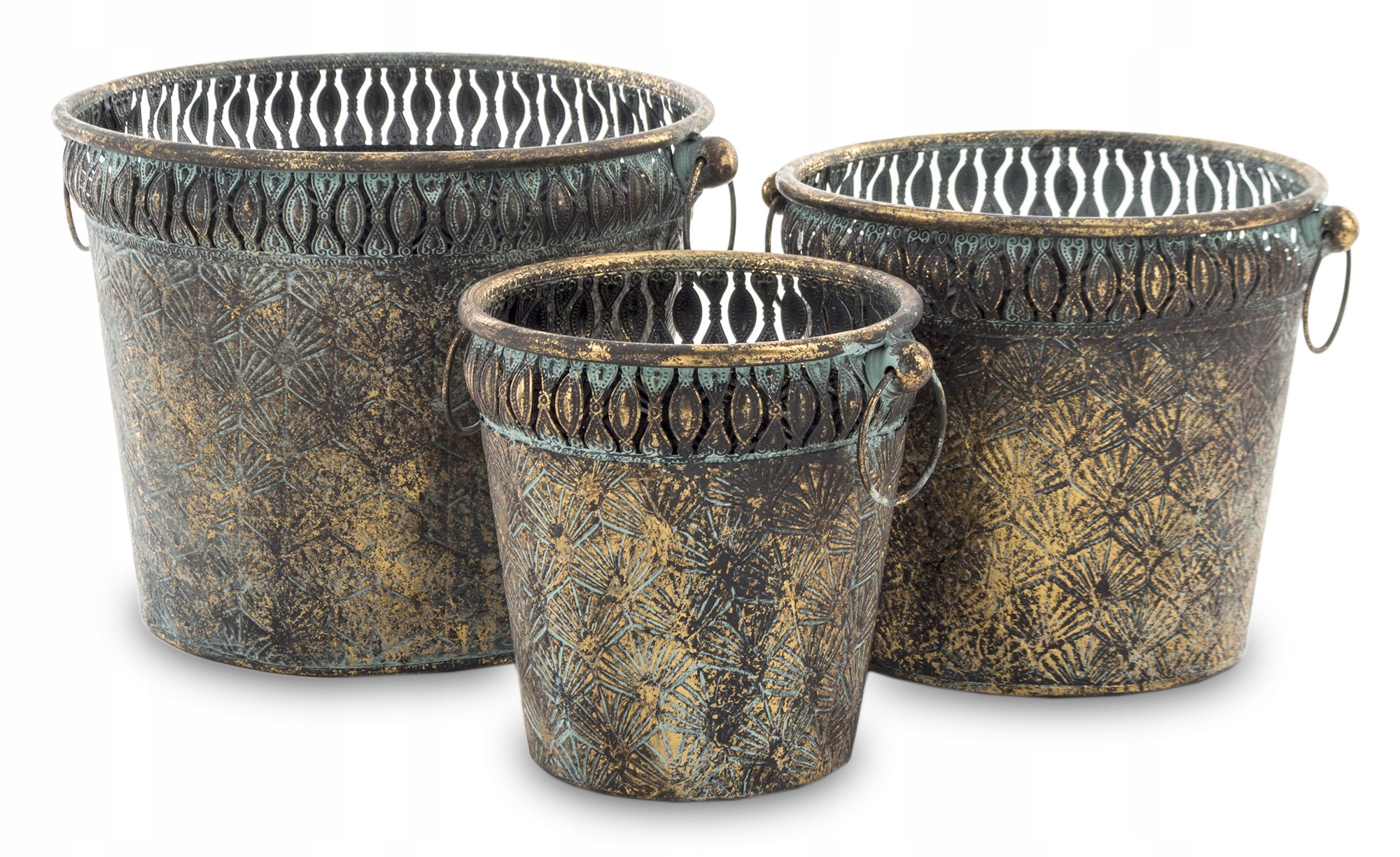 Zlaté kovové staré dekoratívne obaly na kvetináče Retro Loft 3 kusy