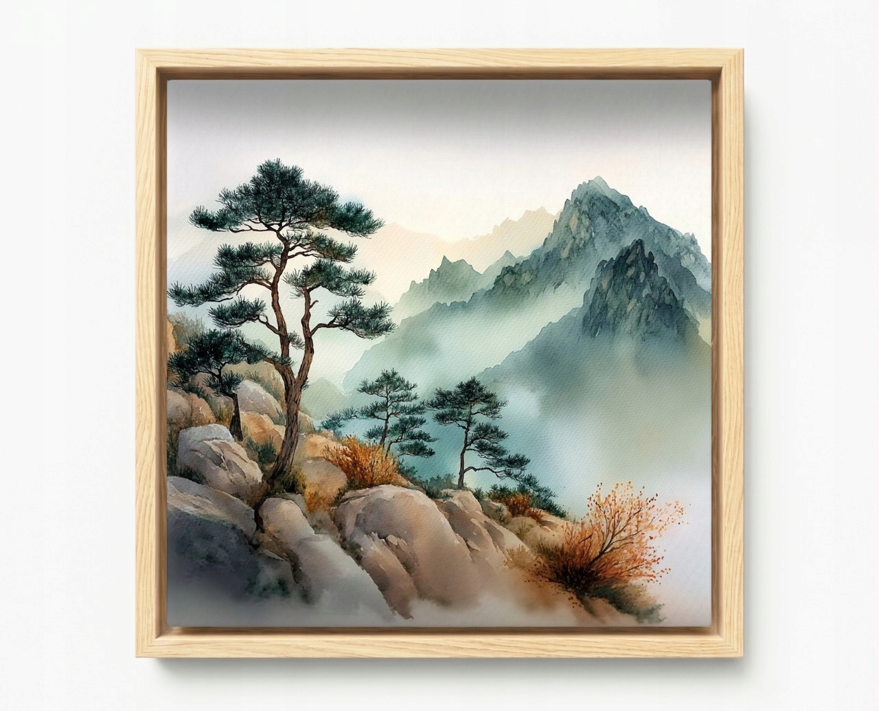 Obraz Rám Americký Box Krajina Hory Skály Vrcholy Dřevo Borovice Mlha 40x40