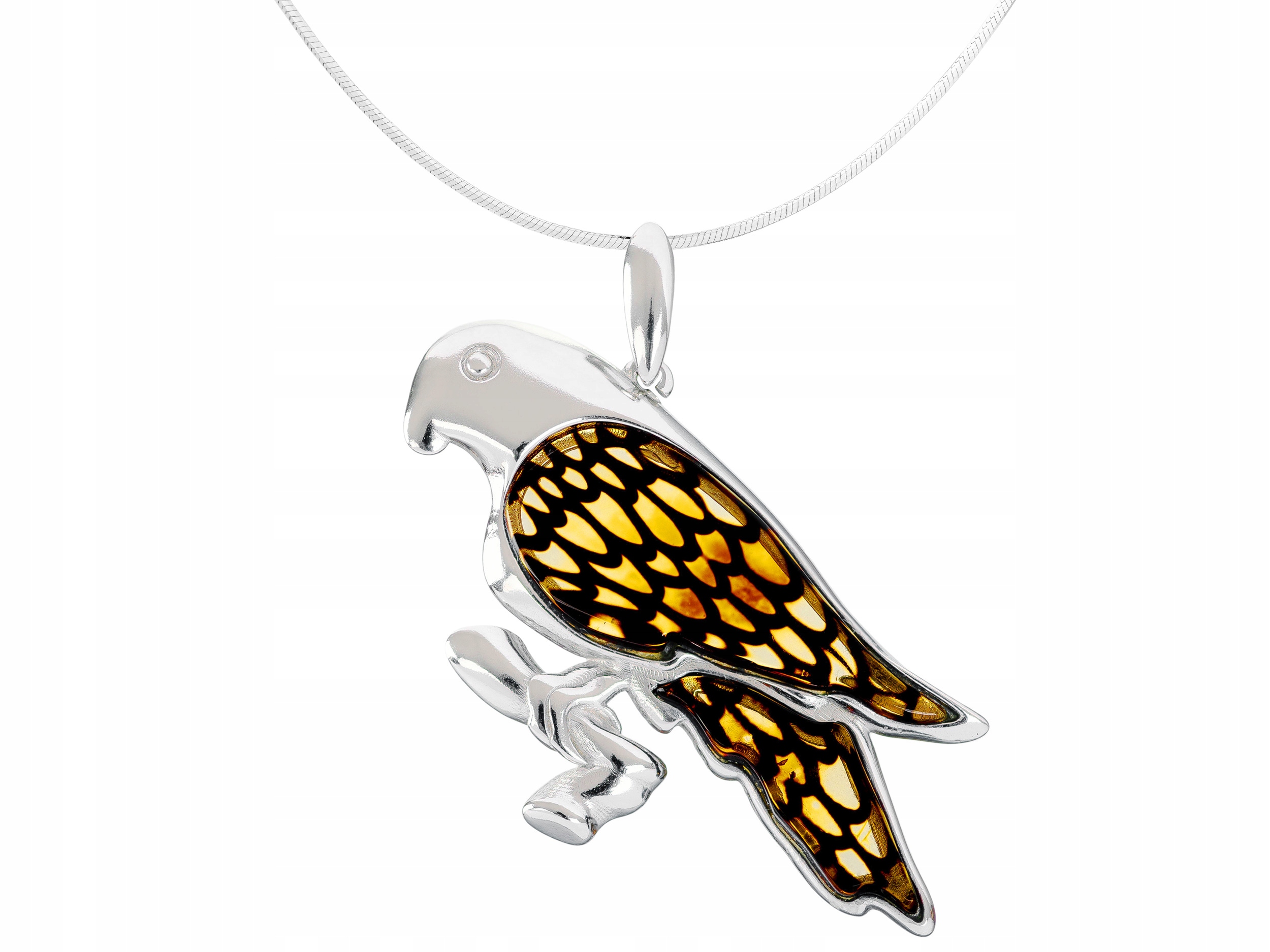 Velký stříbrný dámský náhrdelník Pták s jantarem Papoušek Stříbro Krátký 42 cm