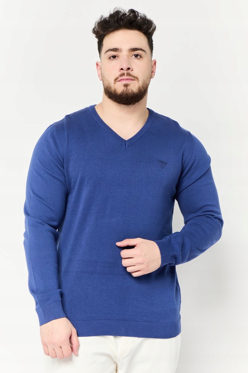 Guess Modrý Bavlněný Pánský Svetr S Výstřihem Do V