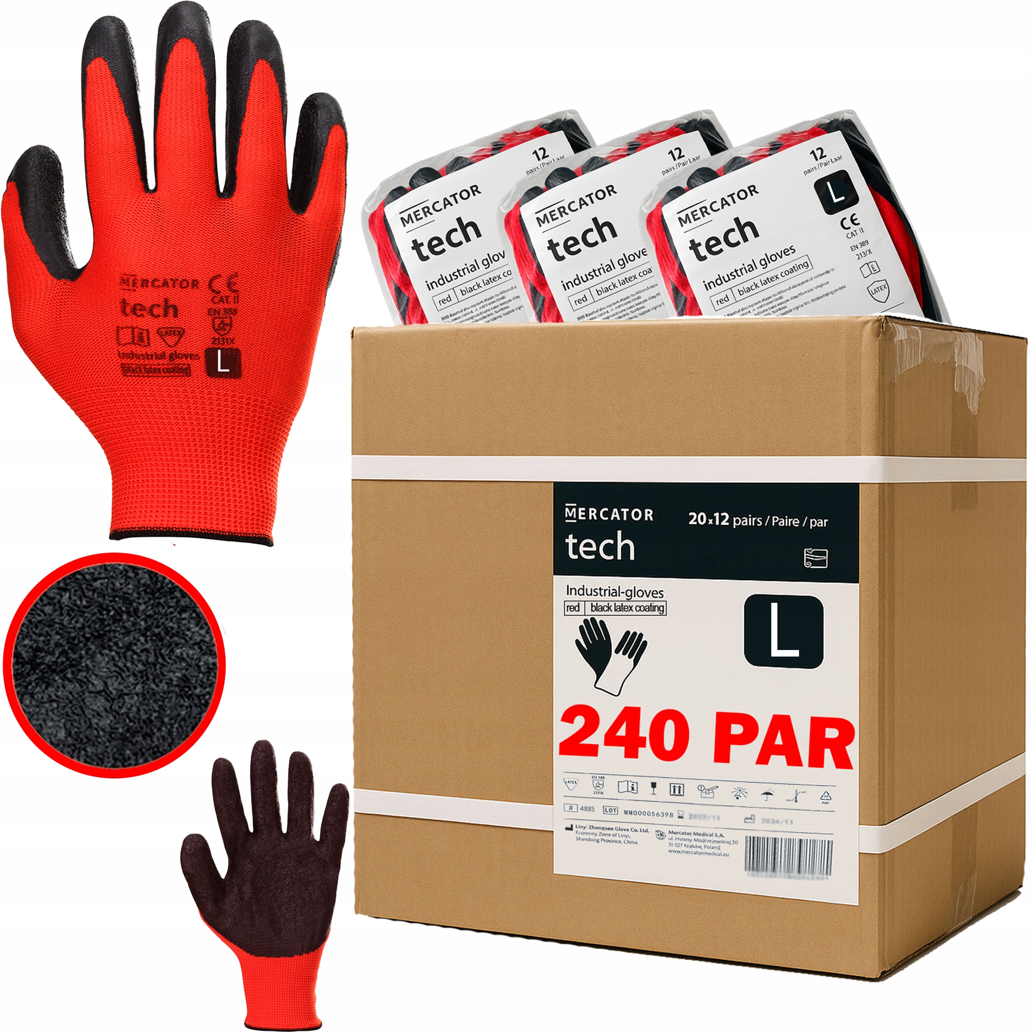 Levně Pracovní Rukavice Latex Red+Black Stahovací pásek Mercator Silný vel. L- 240 párů