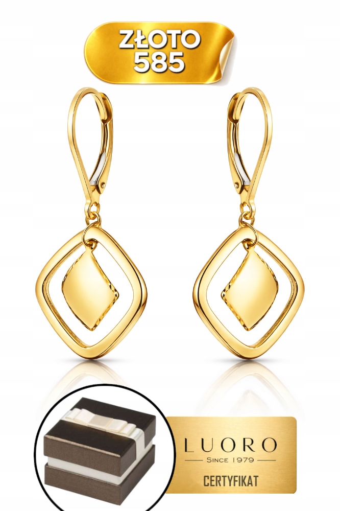 Náušnice Zlaté 585 14K Závěsná Vazba Kosočtverce Anglické Zapínání 34 MM