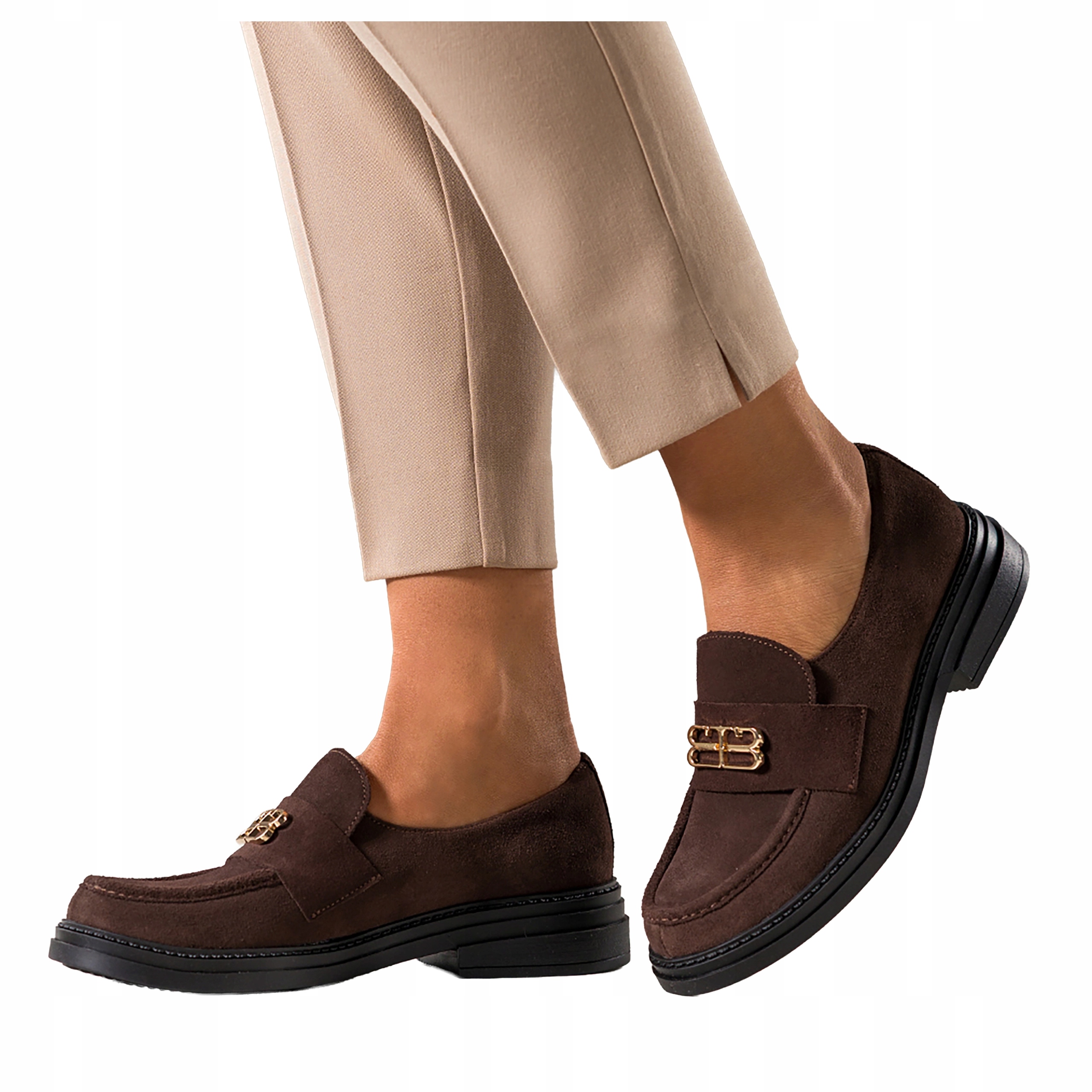 Čokoládové Mokasíny Dámské Kožené Polské se zlatou ozdobou Semišové r 40