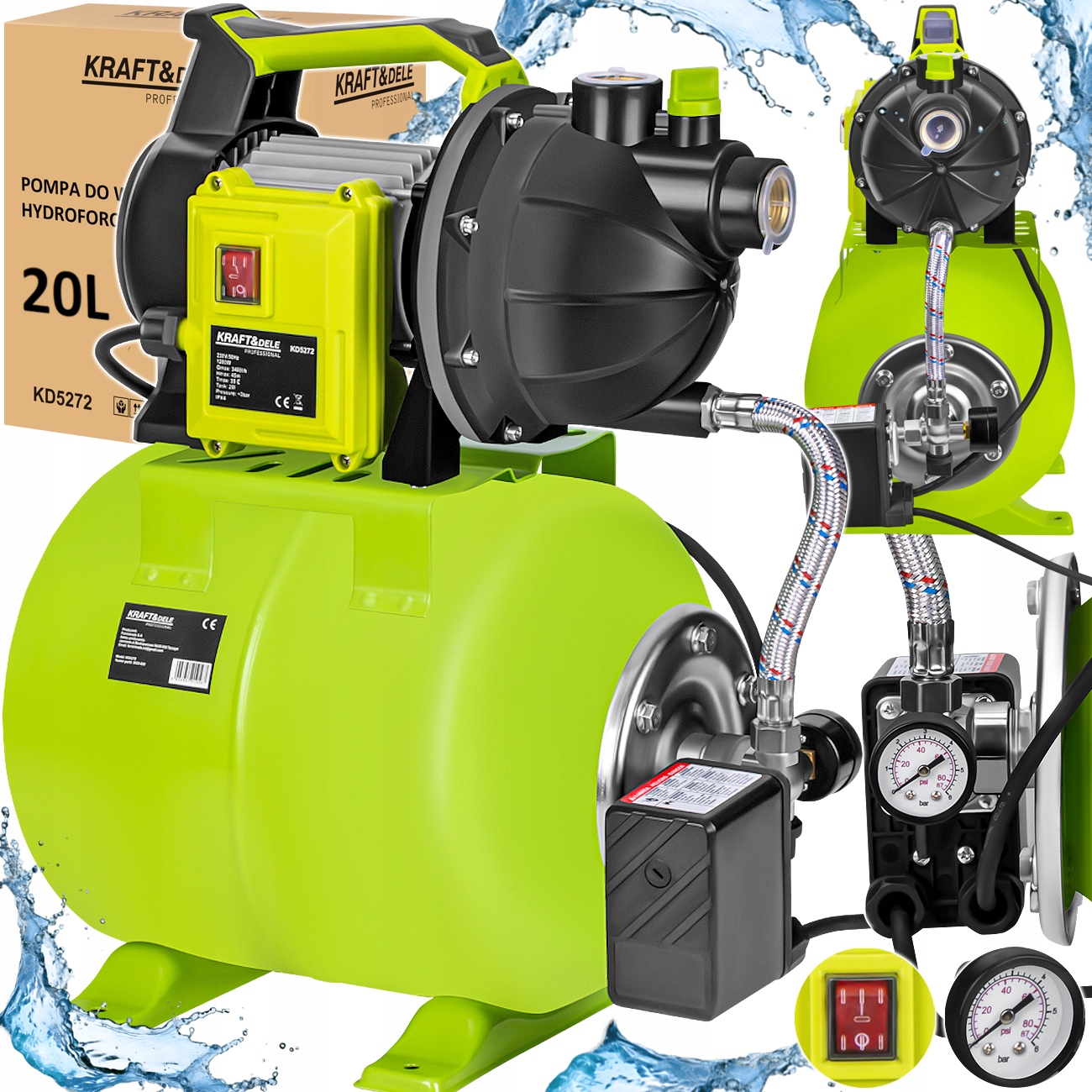 Hydrofor 20L Do Wody Pompa Hydroforowa Zbiornik Pełen Zestaw Wydajny 1200W