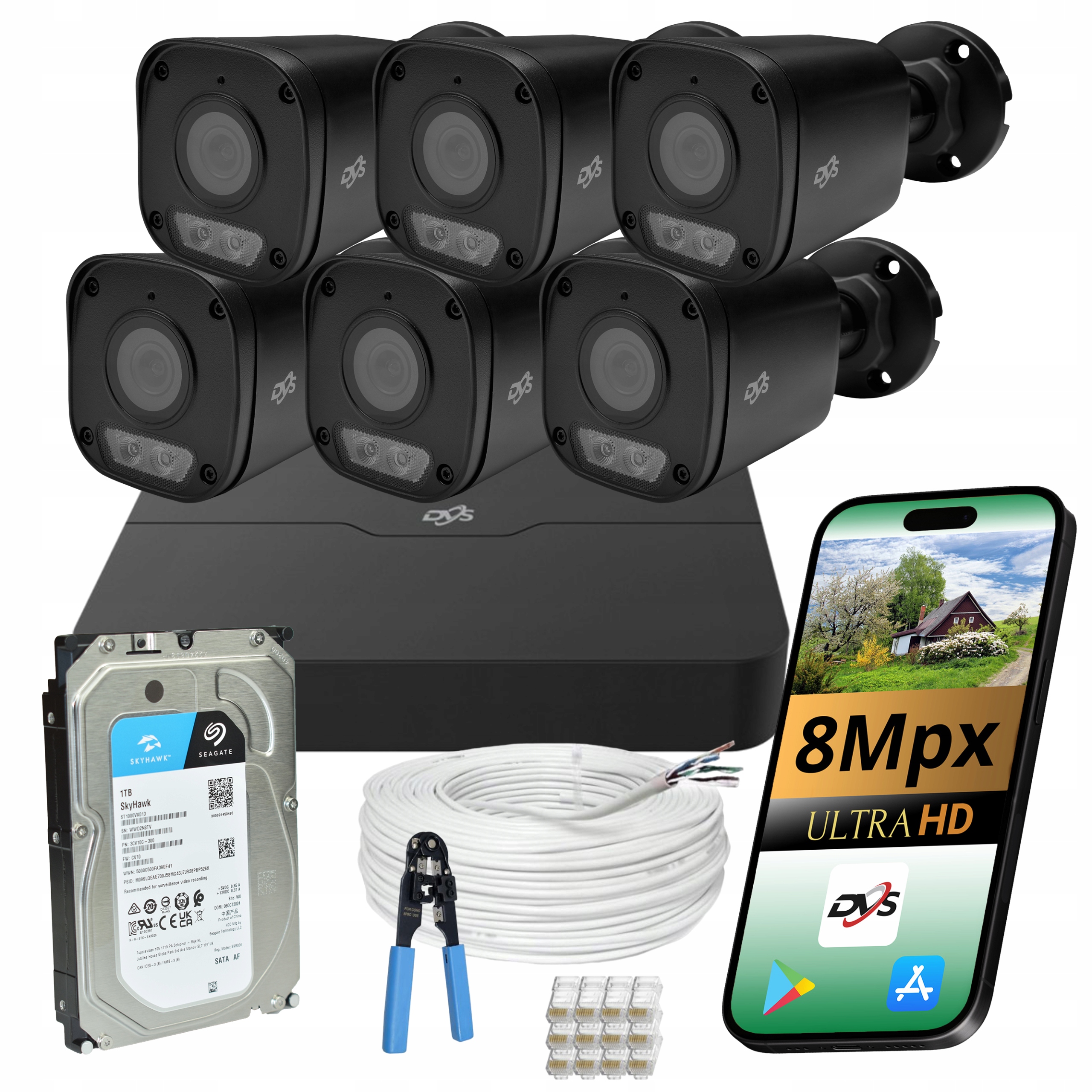 Ip PoE monitorovací sada 6 černých venkovních kamer 8Mpx 4K Dvs 1TB