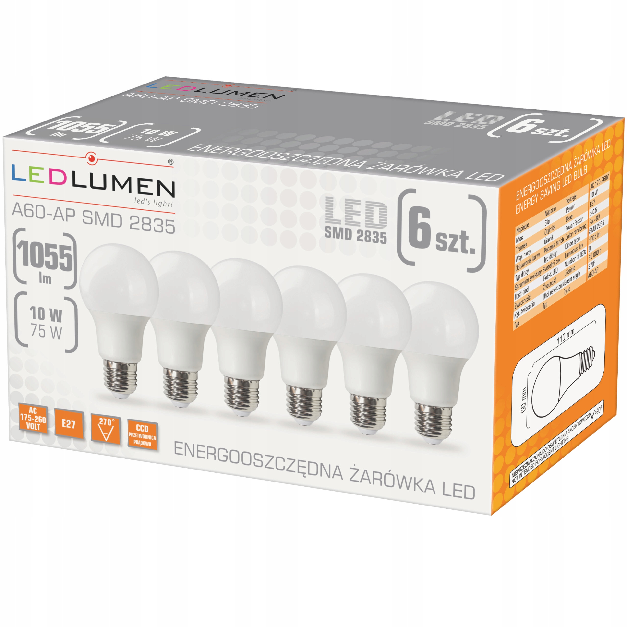 

Zestaw 6x Żarówka Led E27 A60 10W=75W 1055lm CCD