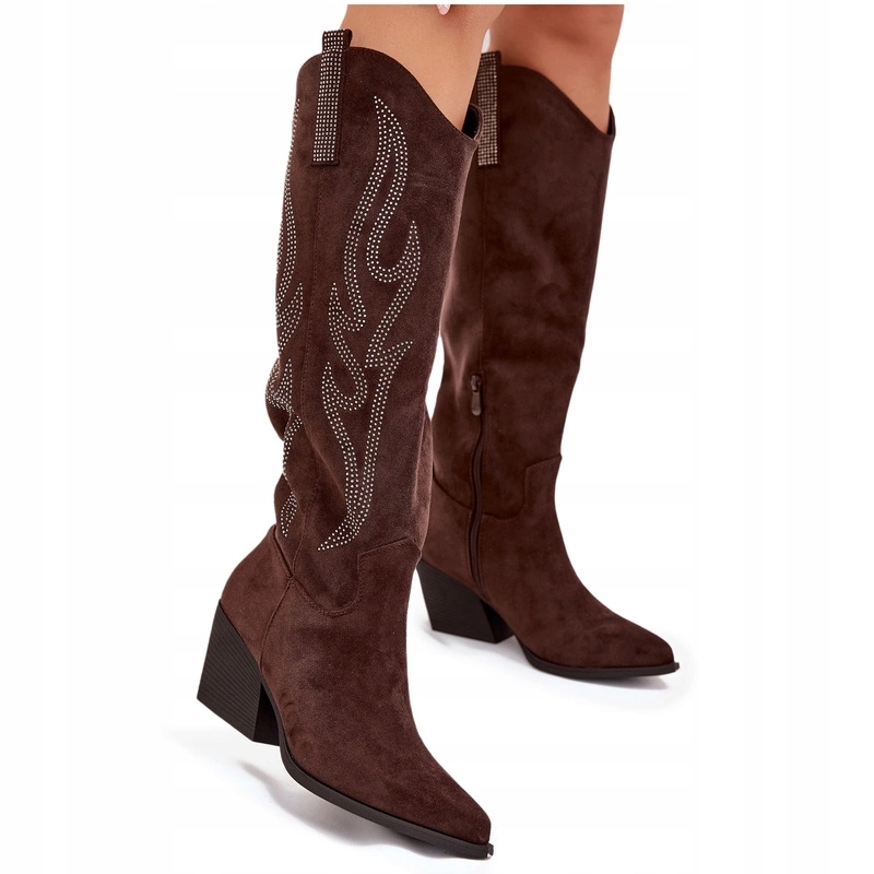 Kozačky Kovbojské Boty Eko Semišové Zdobení Ke Kolenům Nazouvací Čokoládové 36