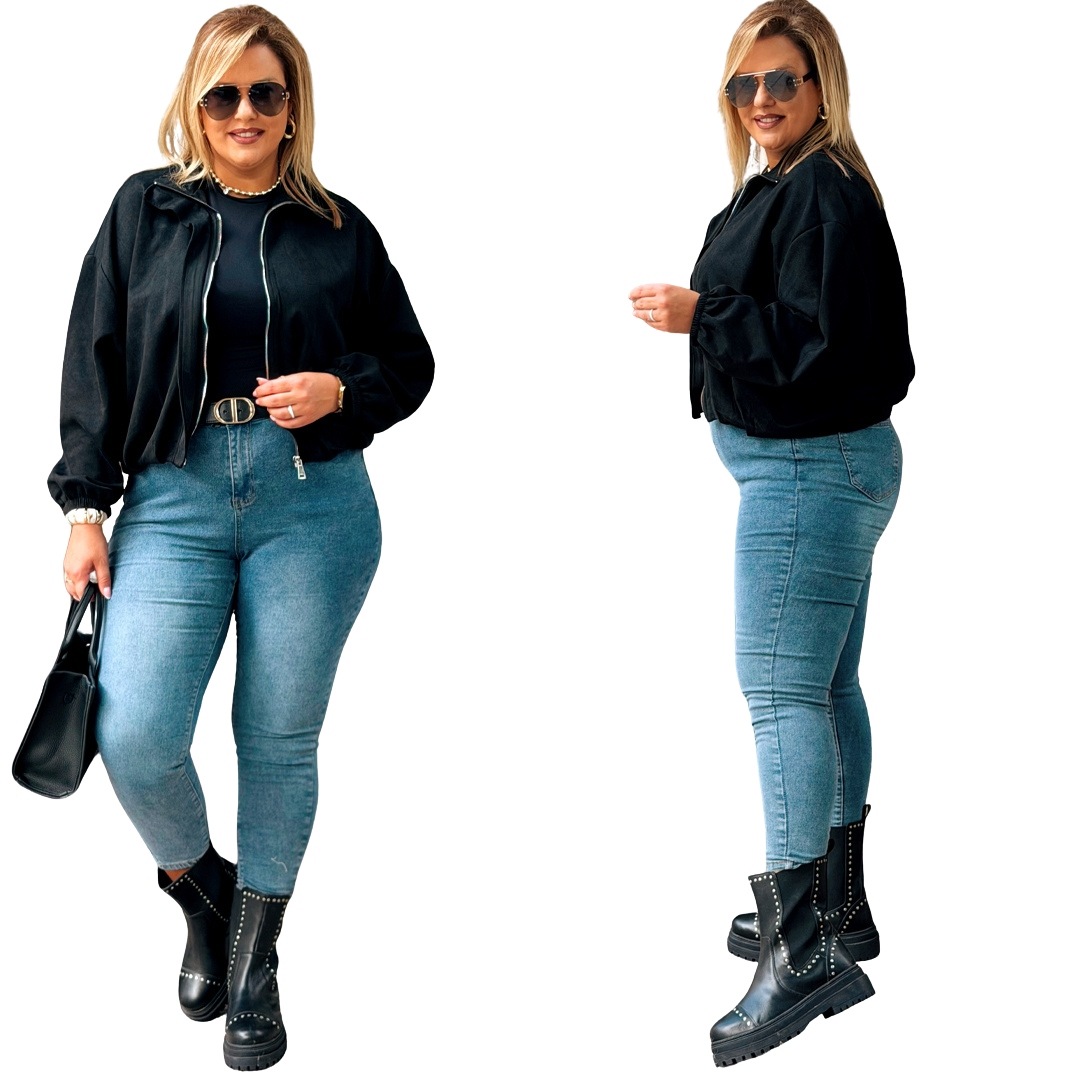 Dámská krátká bunda Bomber Semišová Cavaricci Plus Size Černá