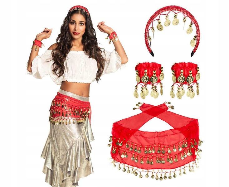Sada Kostým Cikánky Cikánka (červená čelenka, 2 náramky, opasek)