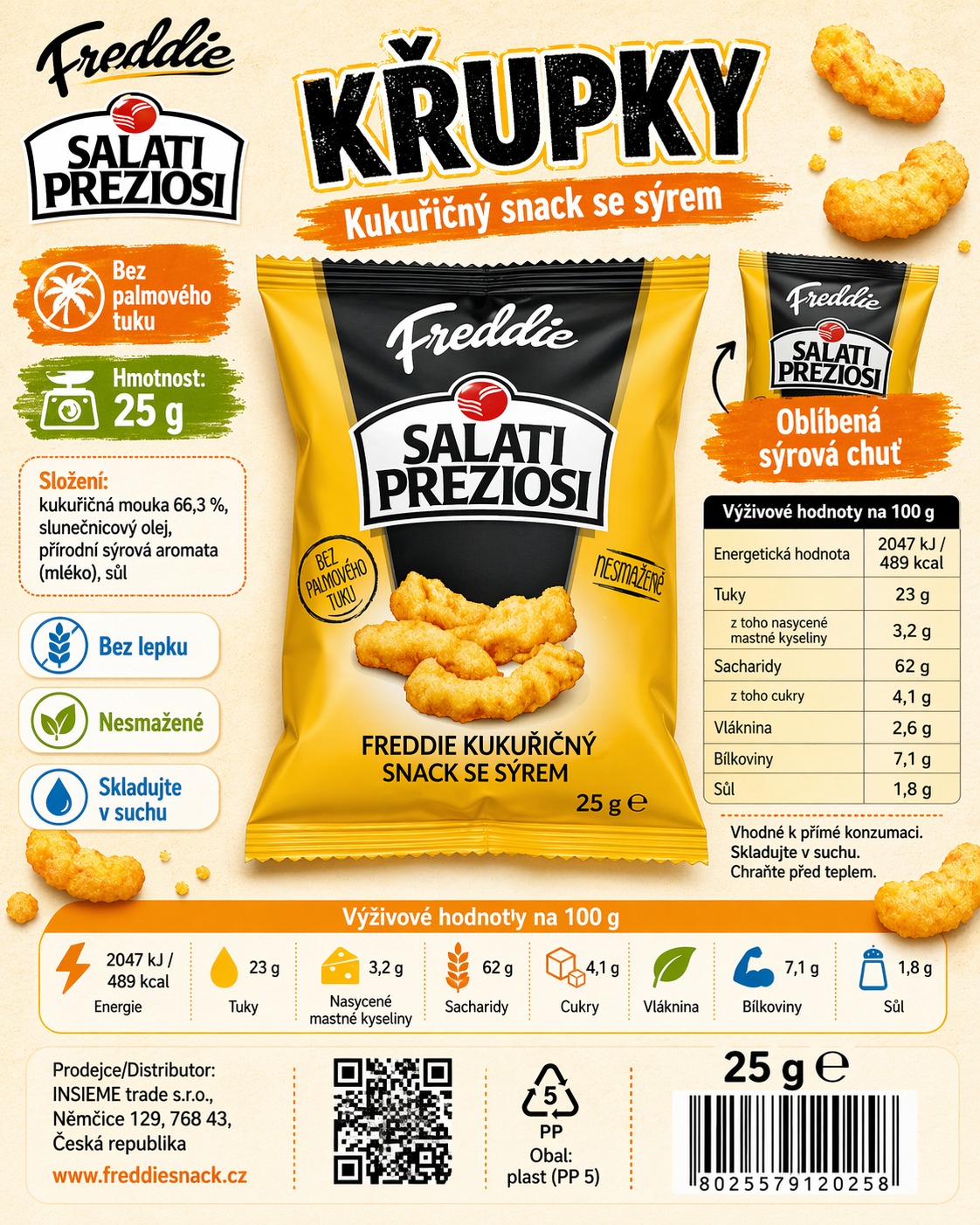 Kukuřičné křupky po děti se sýrem Freddie Snack - 25g