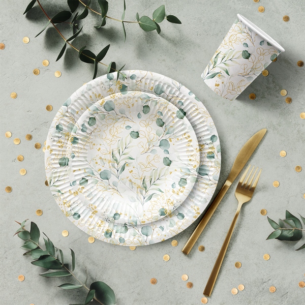 TALERZYKI PAPIEROWE EUKALIPTUS 18 CM 8 SZT GAŁĄZKI IHS KOMUNIA CHRZEST Kolor wielokolorowy