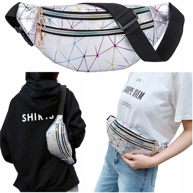 

Saszetka damska nerka biodrówka z paskiem srebrna