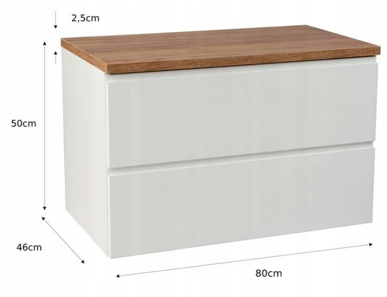 ZESTAW ŁAZIENKOWY Z BLATEM DĘBOWYM 80 biały połysk Głębokość mebla 46 cm