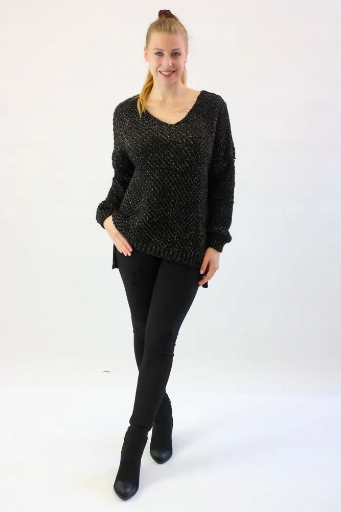 Ažurový svetr se zlatou nití, černý, Uni
