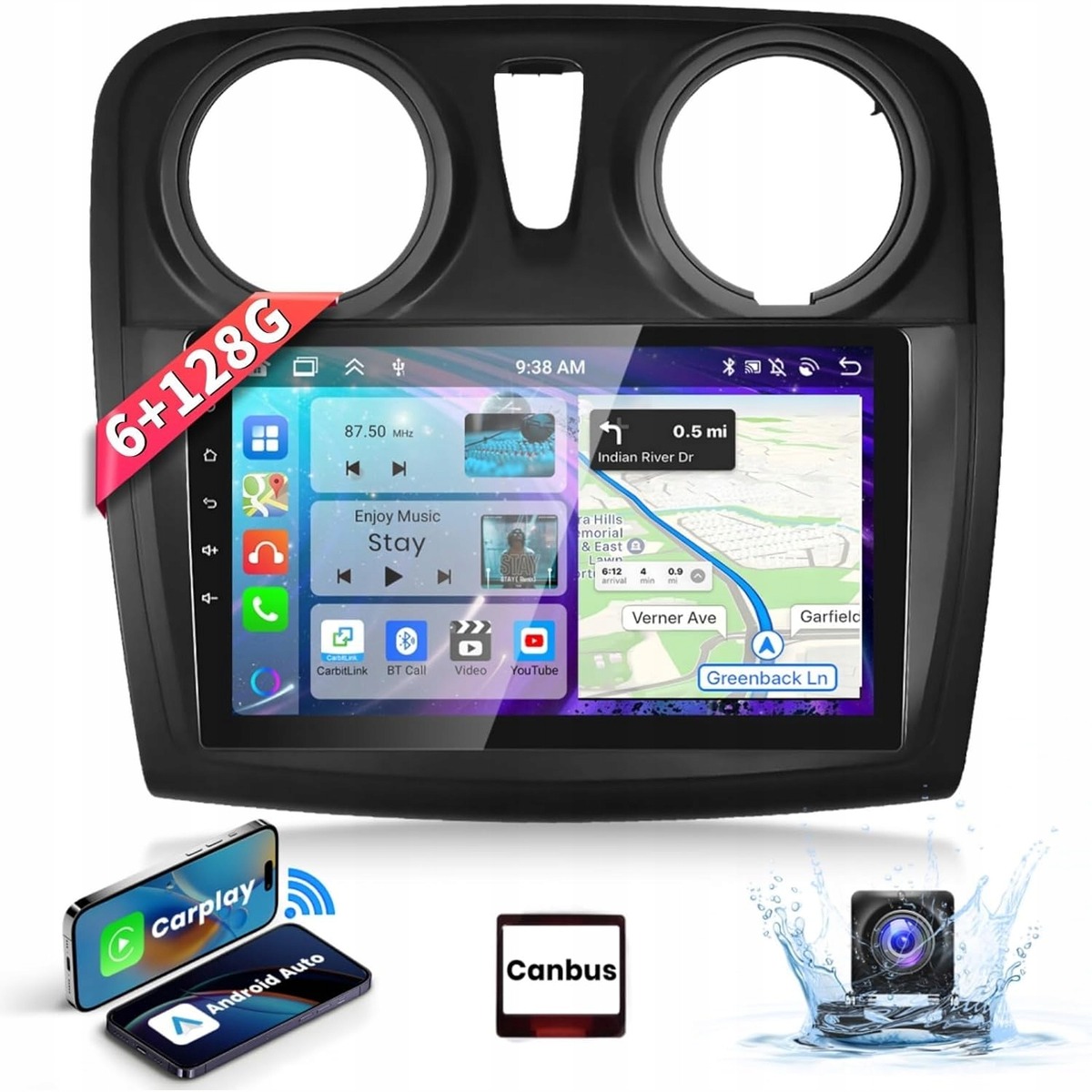 Radio Podofo 9" Dacia Sandero II 2014-2017 Android 15 CarPlay 6+128GB