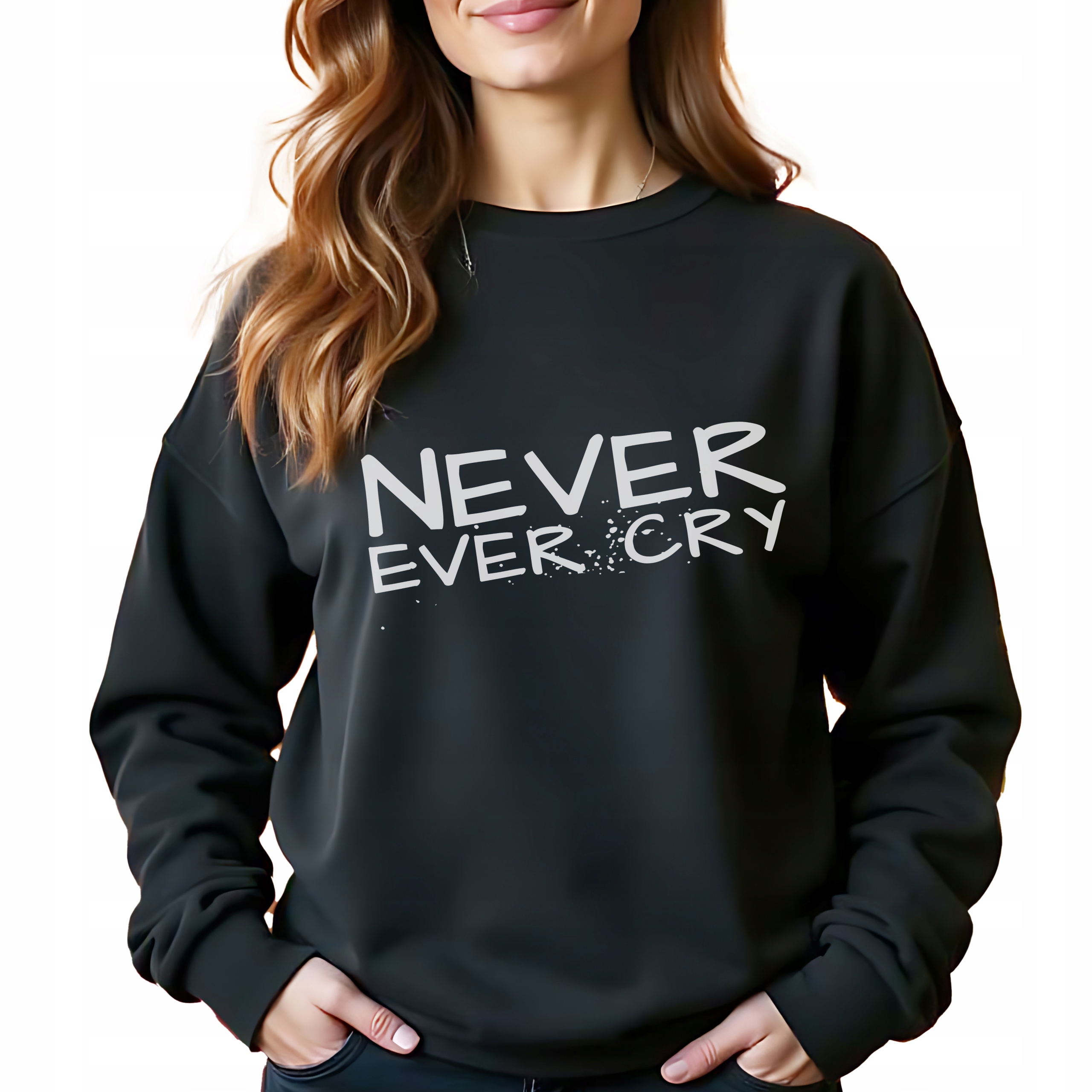 Černá bavlněná Mikina Never Ever Cry Stylová Bez Kapuce jako Dárek S