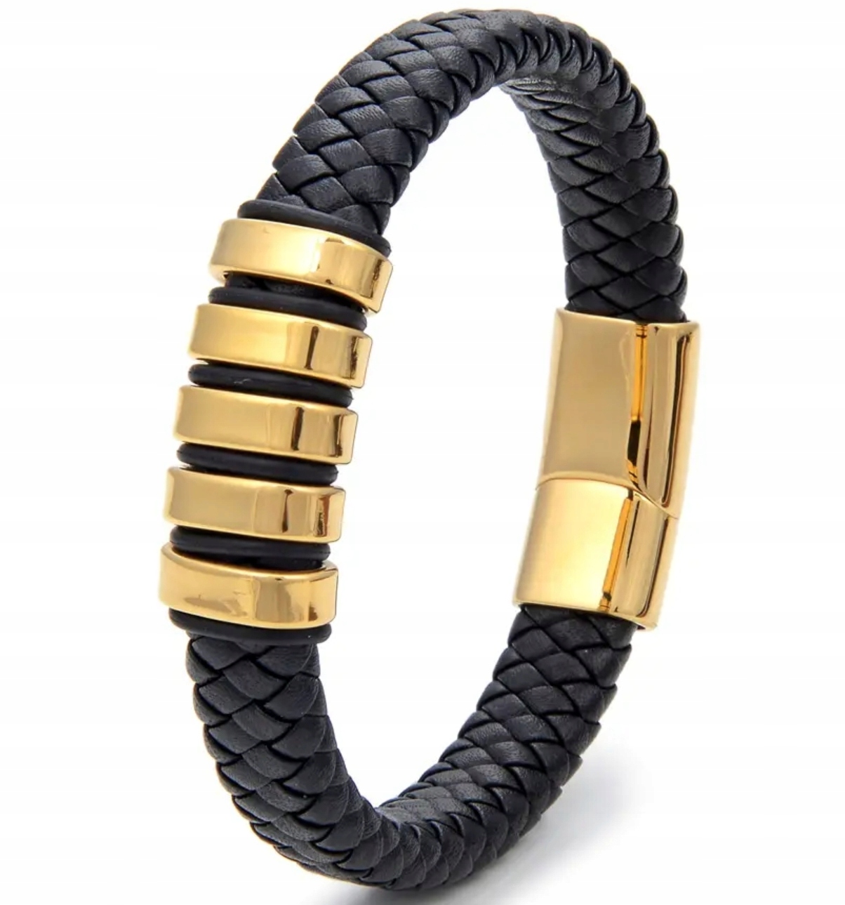 Kožený náramek z oceli černý zlatý Pletený Ocel 316L Pevné zapínání