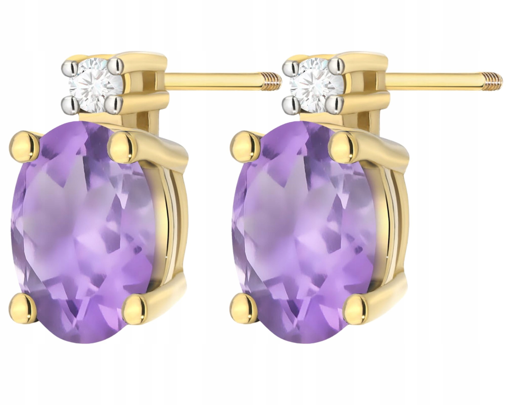 Zlaté Náušnice S Ametystem A Diamanty Zlato 585 Gravírování Šroubovací Tyčinka