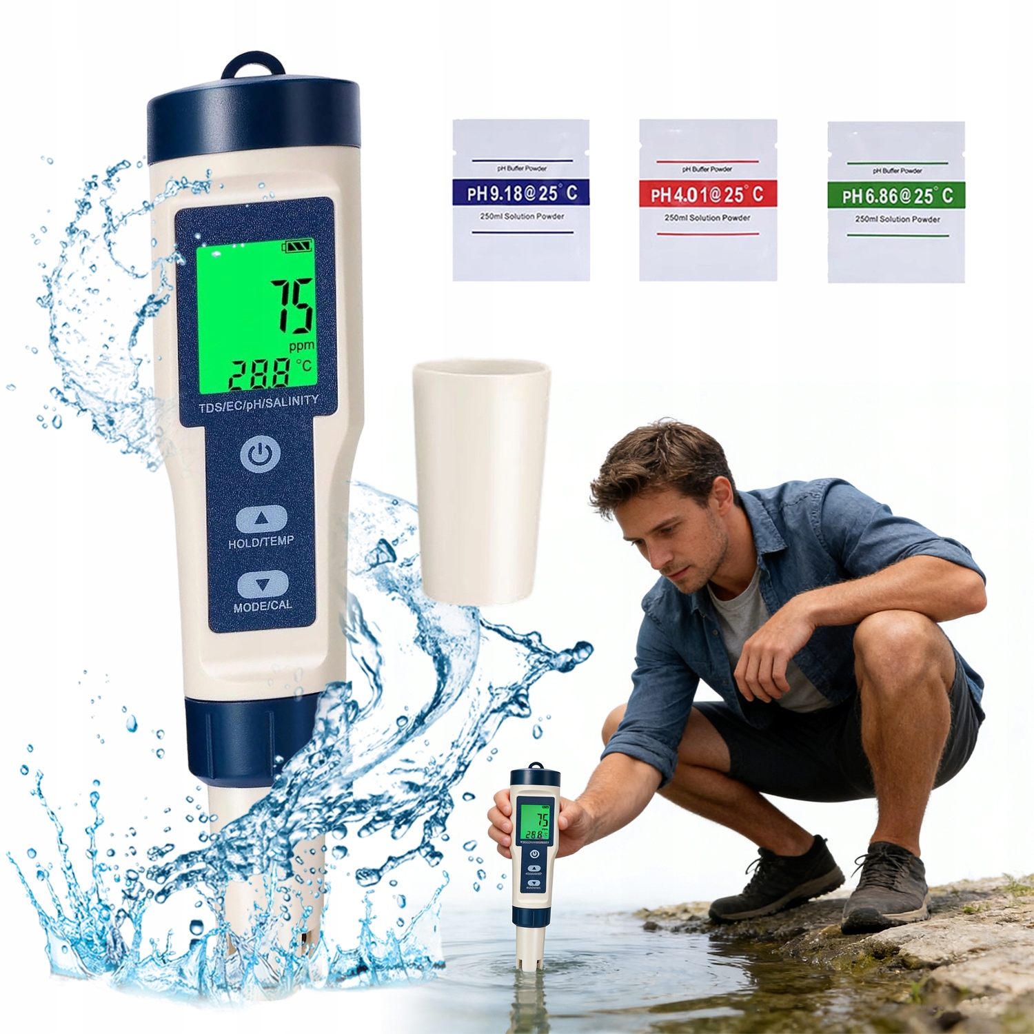 Levně Přenosný LCD Multifunkční Tester Vody Pro Ph Tds Ec Teploty