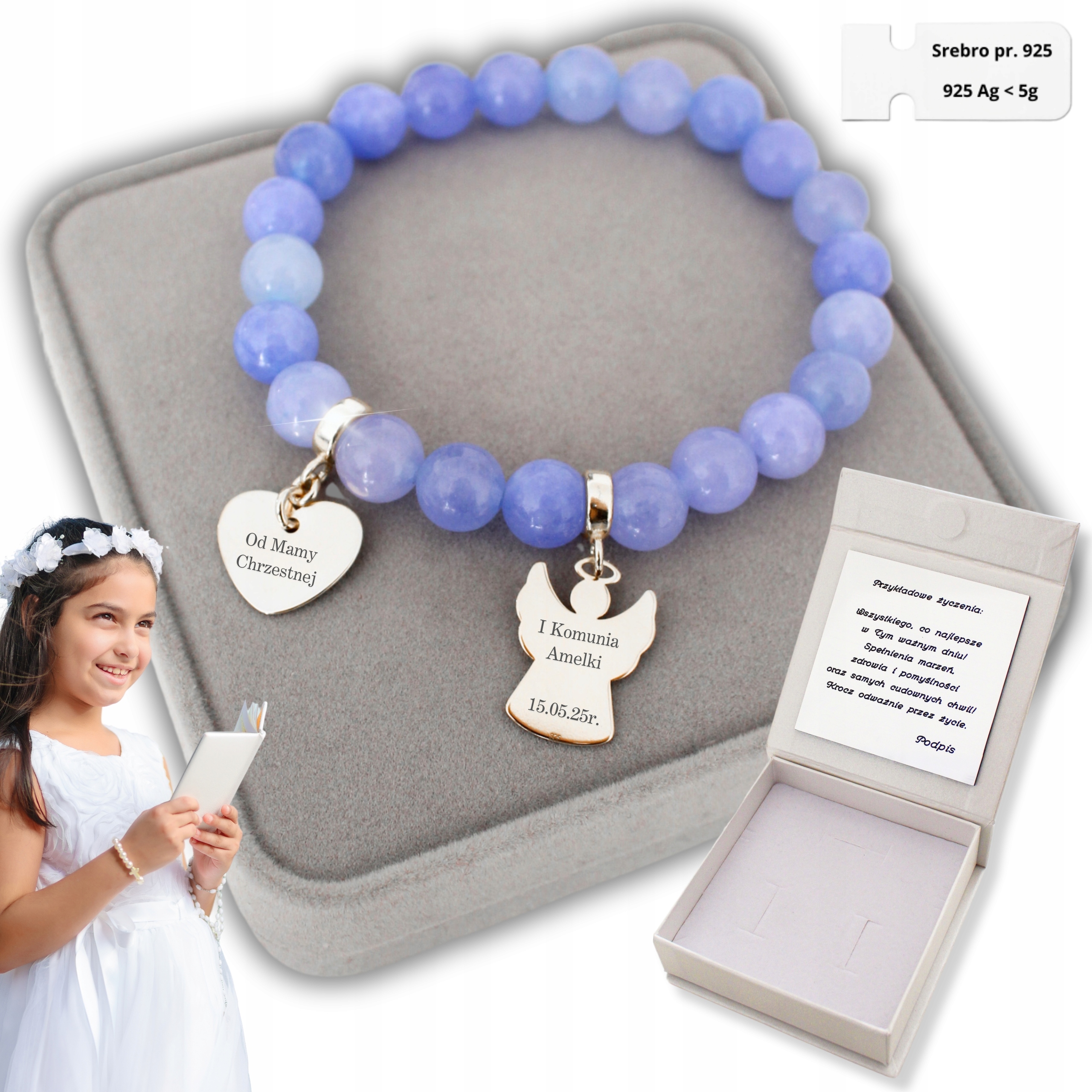 Stříbrný náramek s andělem pro dívku Srdce k přijímání Gravírování 925