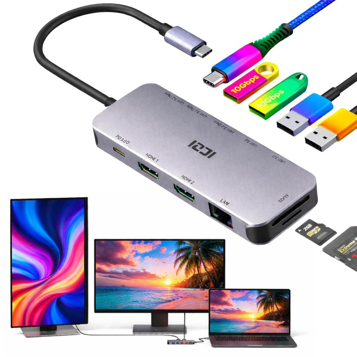 Hub Stacja Dokująca Na 2 Monitory Do 2 Monitów Pc Komputera Laptopa Usb-c