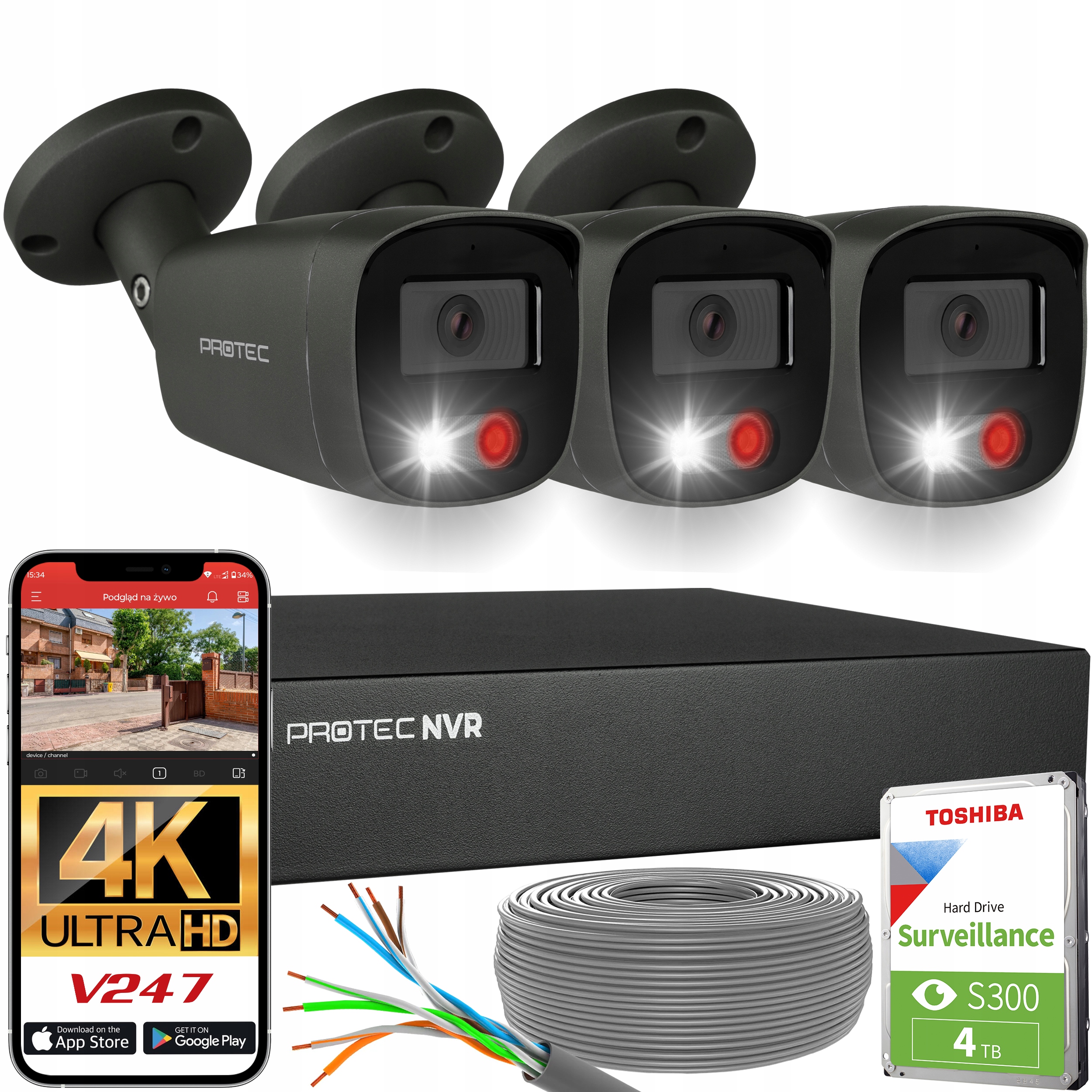 Kompletny monitoring cyfrowy 3x kamera 4K Ip PoE zewnętrzne audio grafitowe