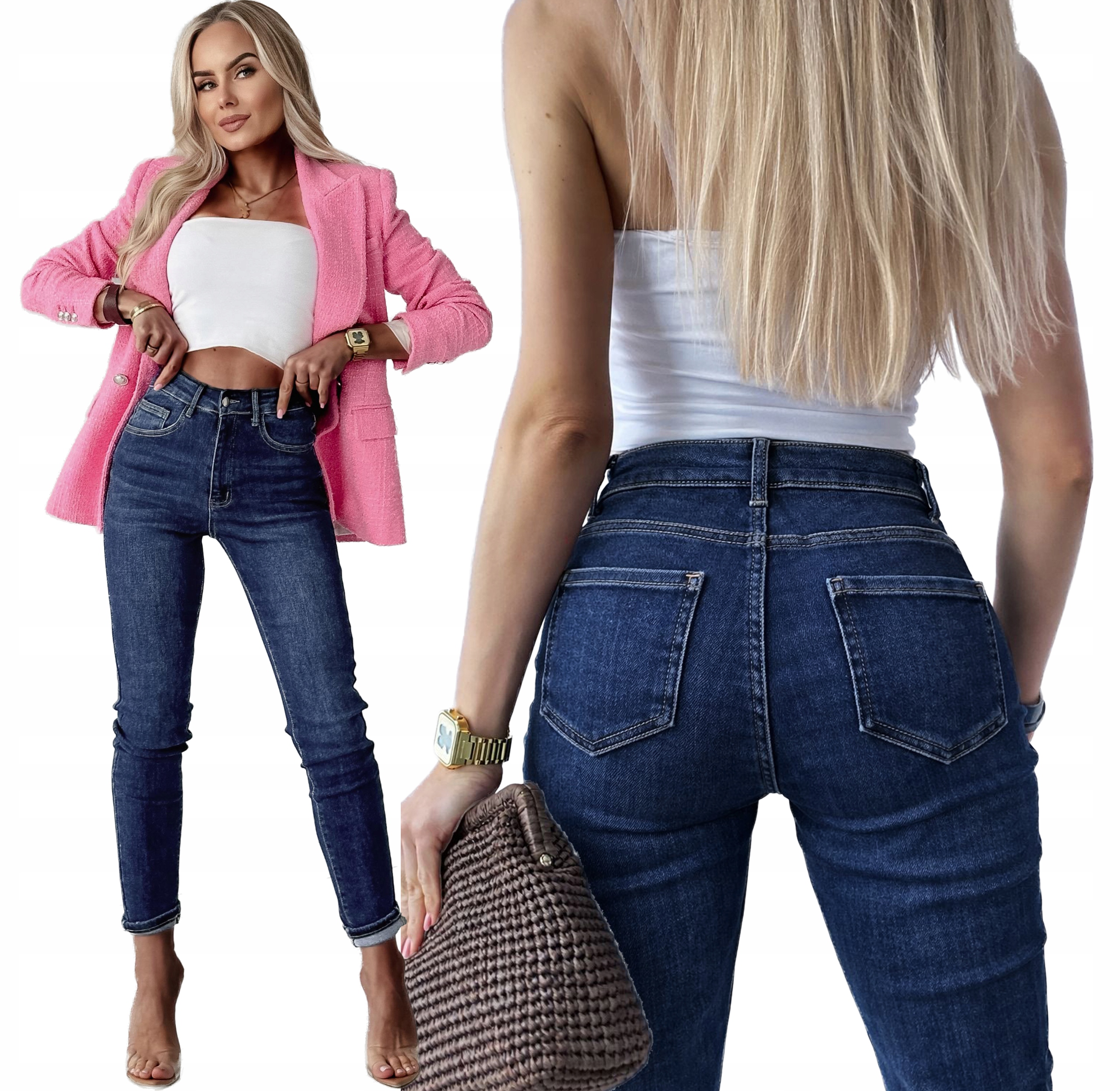 Dopasowane Spodnie damskie Jeansy wyszczuplające wysoki stan rurki M Anja