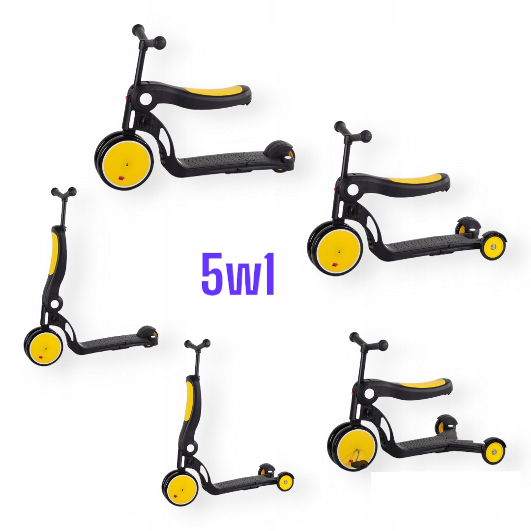 Hulajnoga dziecięca trójkołowa skrętna jeździk 5w1 żółta kij pchacz