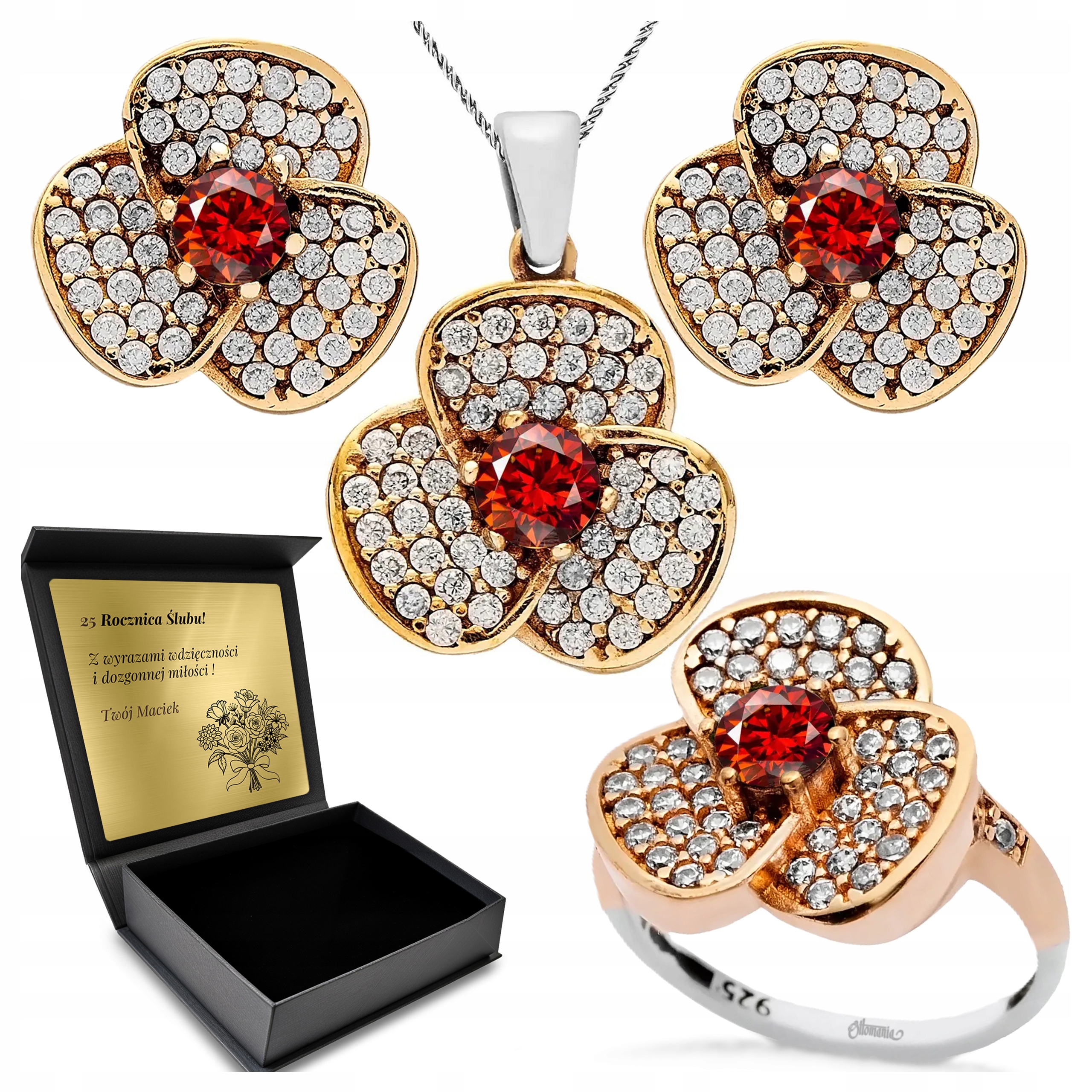 Komplet Stříbrných Šperků 925 Zirkony Granátový Dárek pro ženu Gravírování