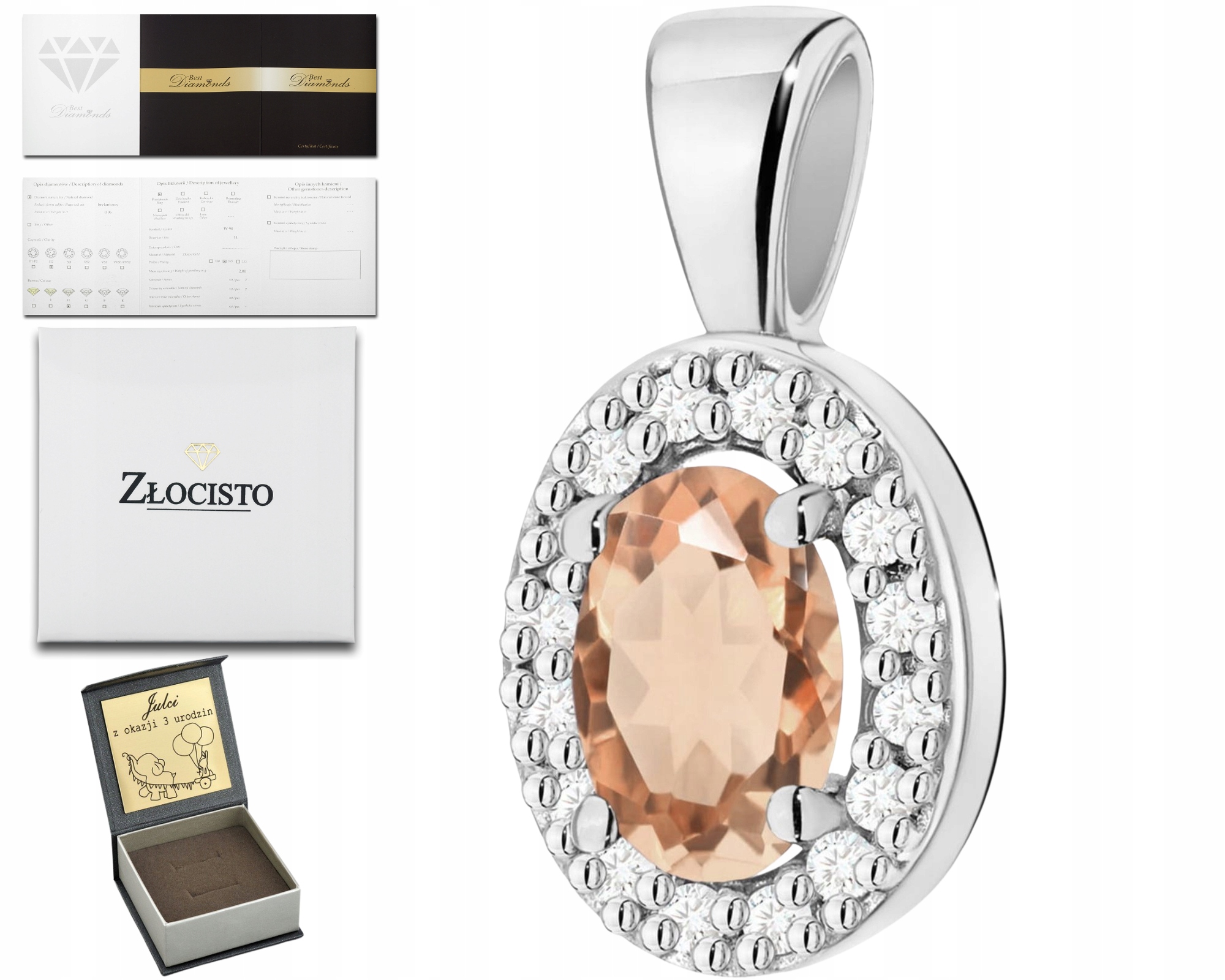 Přívěsek Z Bílého Zlata S Morganitem A Diamanty, Zlato 585, Dárek Gravírování
