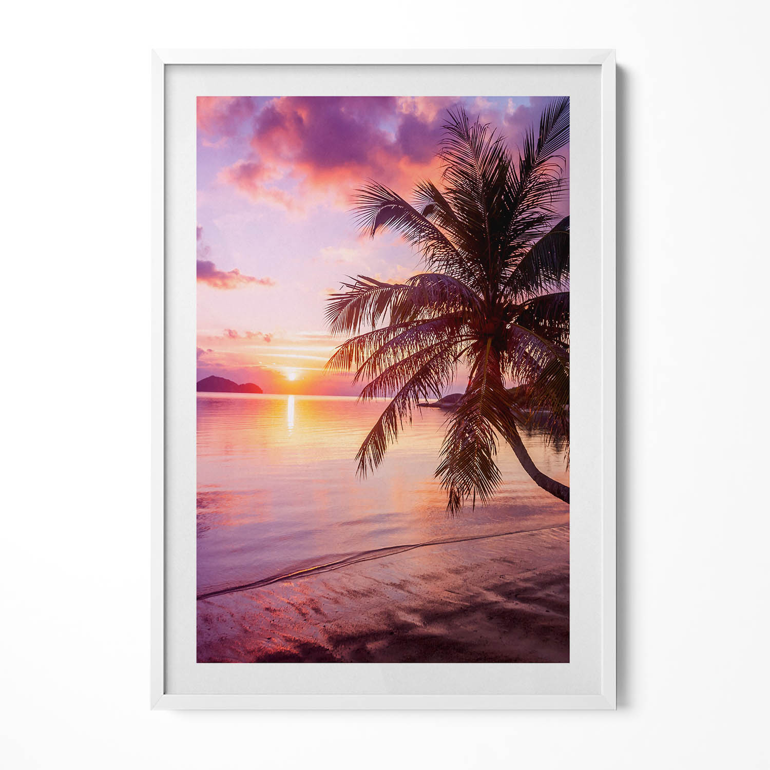 Nástěnný obraz v rámu s grafikou Palmy na pláži při západu slunce 70x100 cm