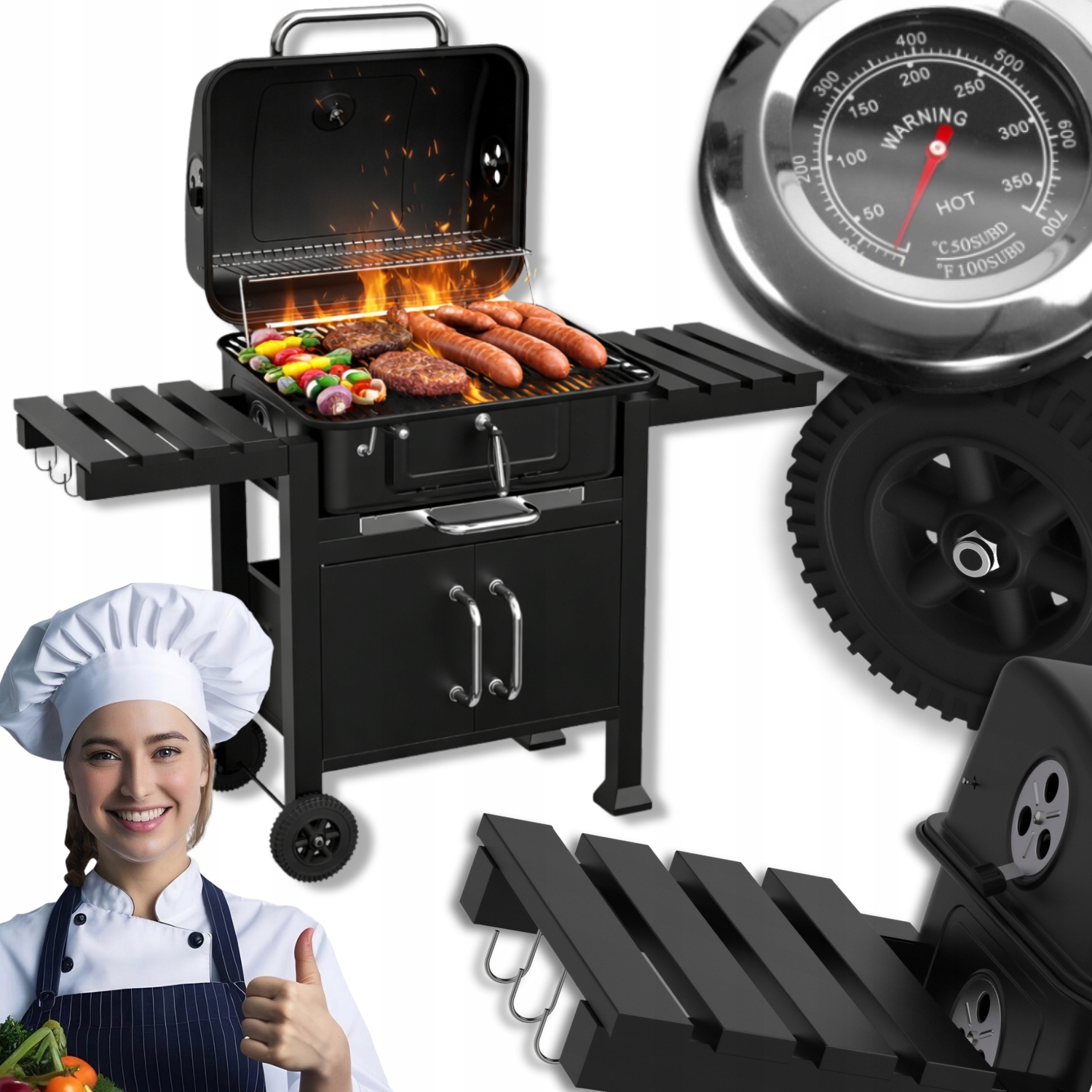 Grill Węglowy Ogrodowy Żeliwny Duży Ruszt Z Pokrywą Termometr Popielnik