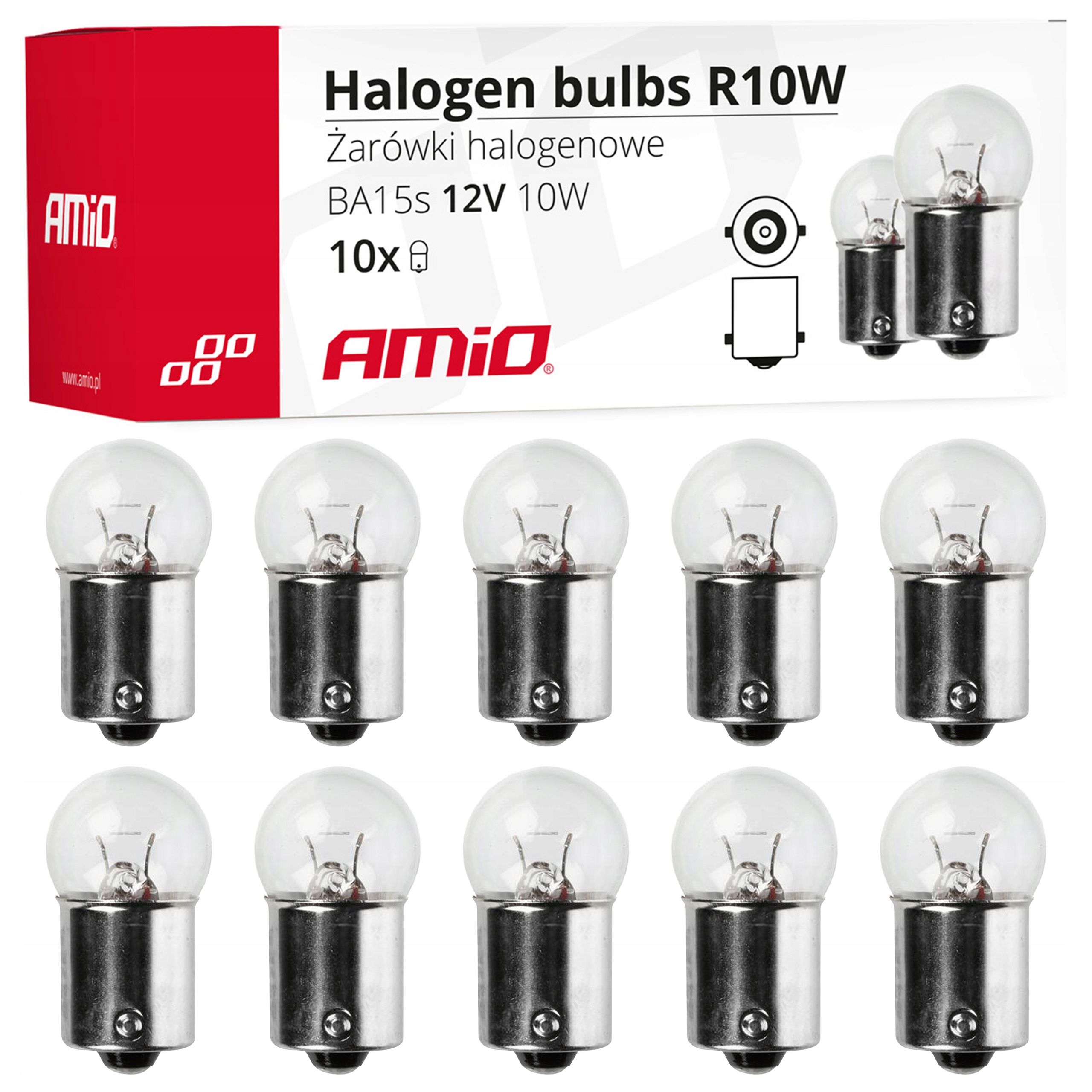 Żarówki R10W 12V 10W G18 BA15s Amio Pozycji Cofania 10 Sztuk Homologowane