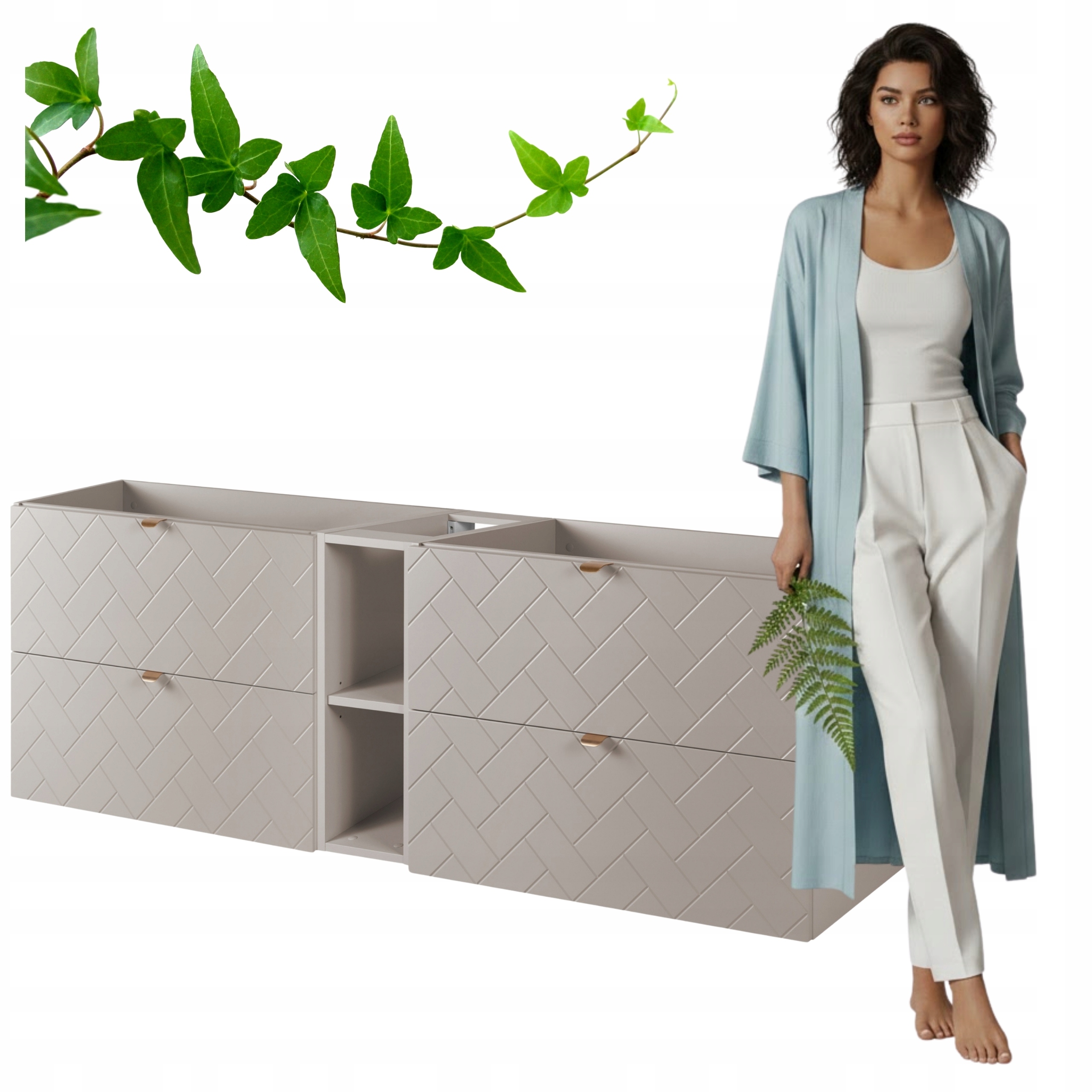Szafka Łazienkowa Wisząca Pod Umywalkę 180x46 CM Rensan Kaszmir Z Regałem