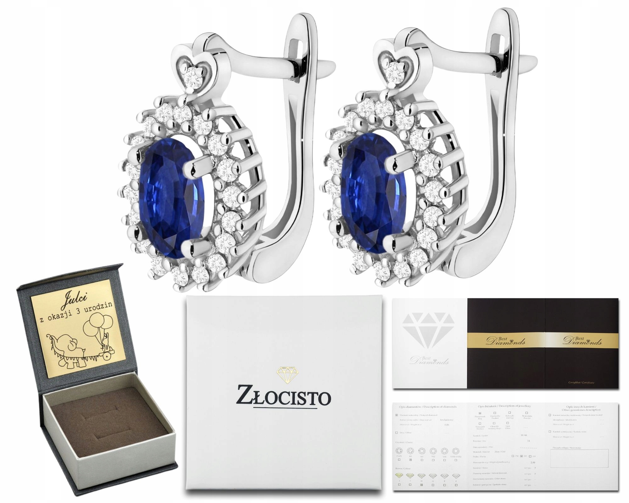 Náušnice z bílého zlata se safíry, brilianty, diamanty, Gravírování Ryzost 585