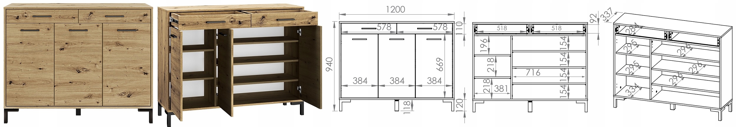 meble komoda trzydrzwiowa szufladami loft Nevio 14 Głębokość mebla 34 cm