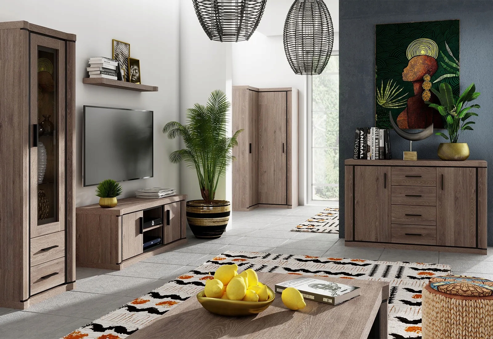 Szeroka witryna do salonu DALLAS D-17 dąb truflowy Szerokość mebla 97 cm