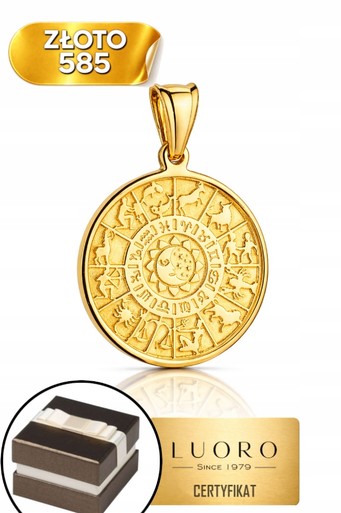Zlatý Přívěsek 585 14K Ciferník Znamení Zvěrokruhu 3,6 CM Elegantní