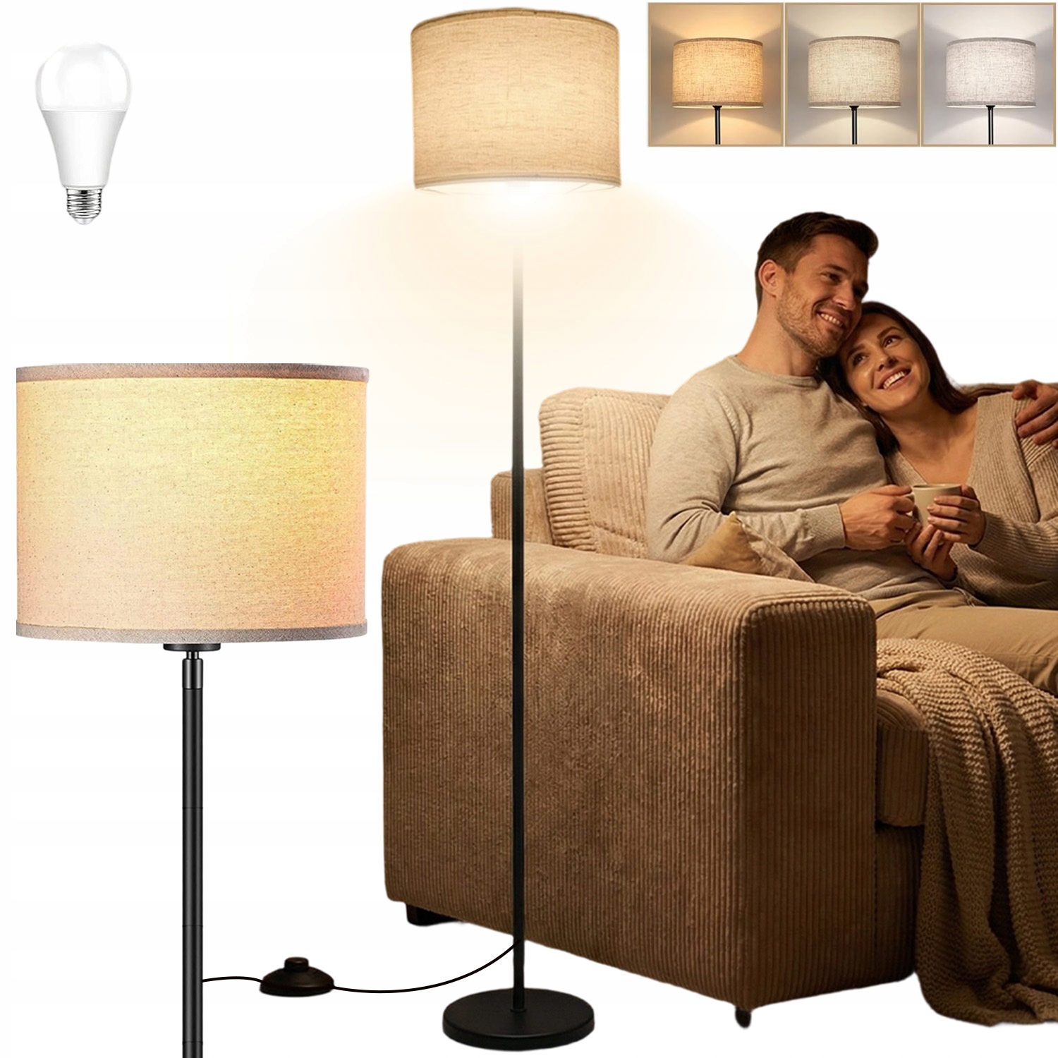 Stojací Podlahová Lampa Noční Lampa Pro Čtení Led E27 Vypínač 156 CM