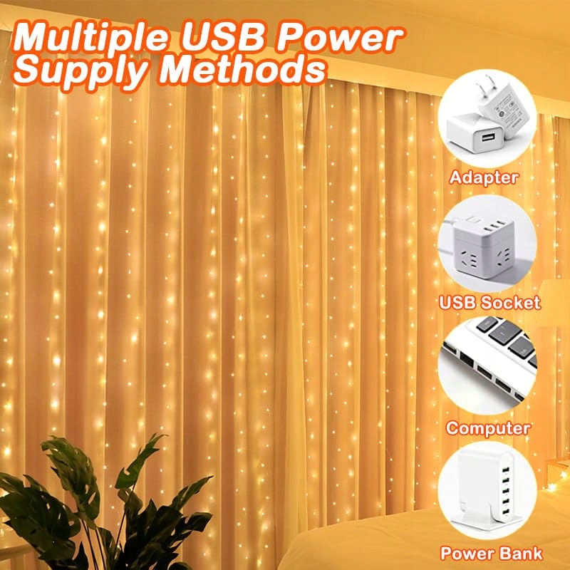 KIMUWOTE Kurtyna Świetlna 2x2m 200 LED Wodoodporna USB Ciepła Biała — miniatura 4