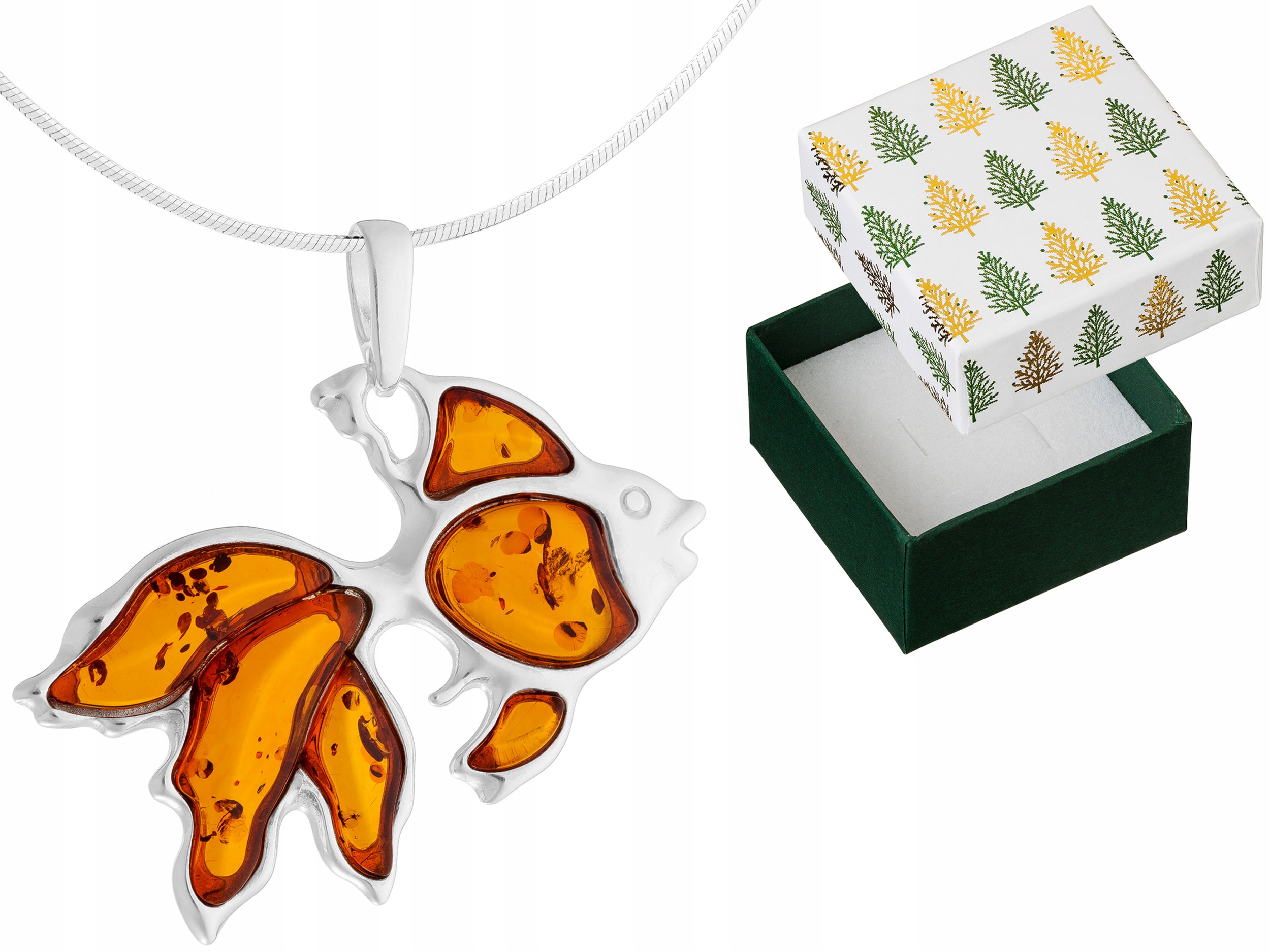 Stříbrný náhrdelník Zlatá rybka Přívěsek s jantarem Přívěsek Řetízek 30