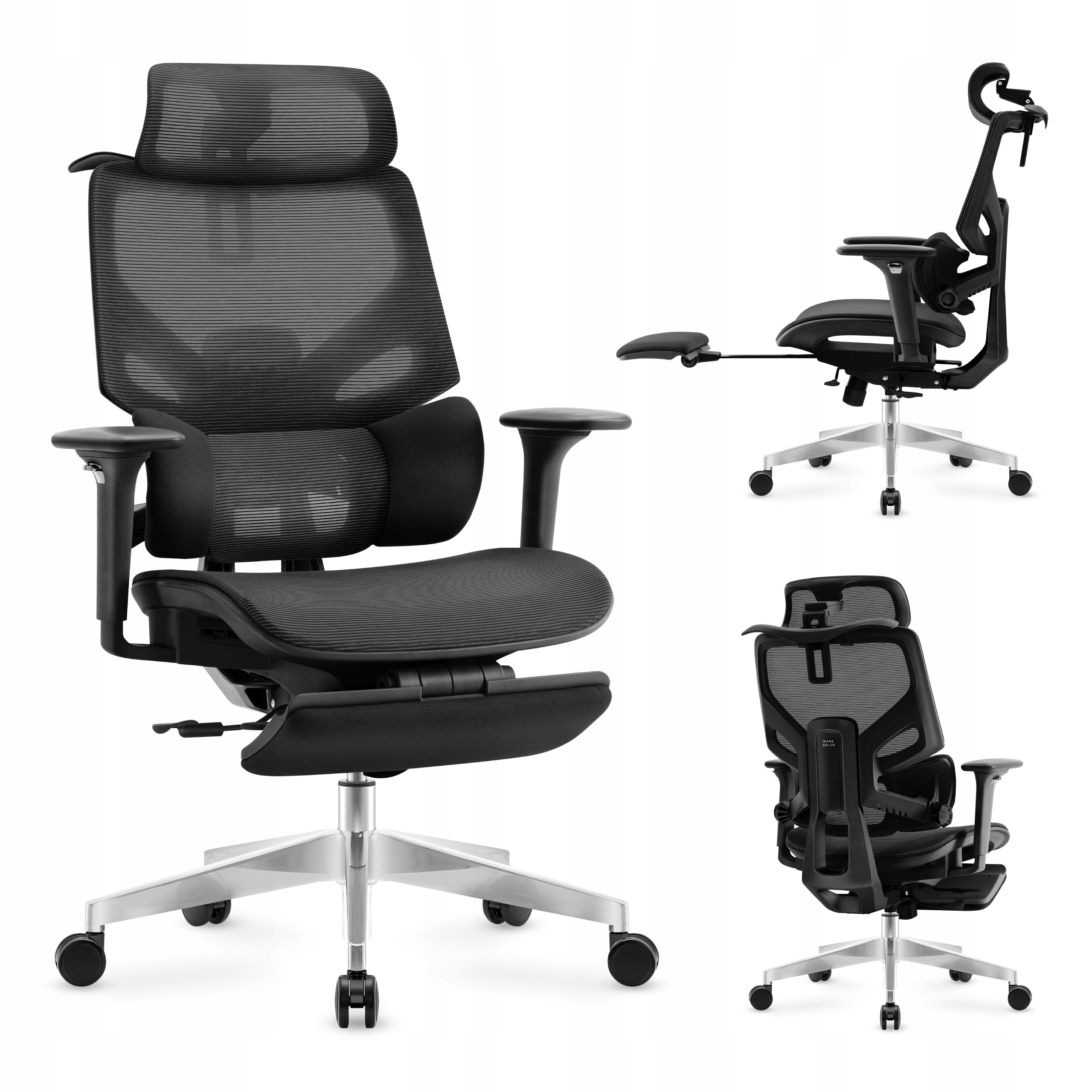 Fotel biurowy ergonomiczny obrotowy Mark Adler czarny do biurka podnóżek